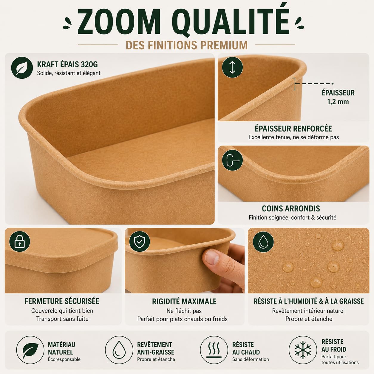 Lot de 50 Barquettes Kraft Alimentaires Rectangulaires 750 ml Couvercles en PP – Boîtes Repas Carton Épais 320g Anti-Graisse pour Vente à Emporter, Salades, Poké, Traiteur