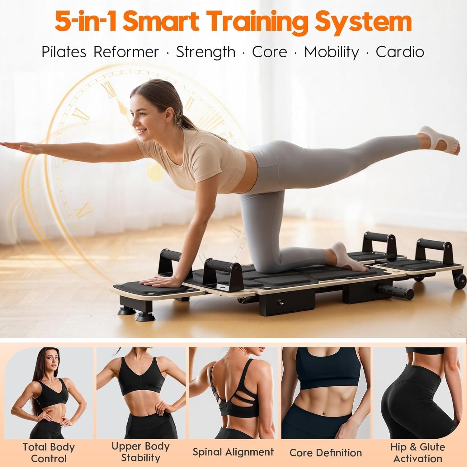 Tabla De Pilates Reformer para Entrenamiento En Casa, Tabla De Pilates Plegable De Madera con Almohadillas Dobles Y Divididas para Los Pies, Bandas De Resistencia Ajustables, Black