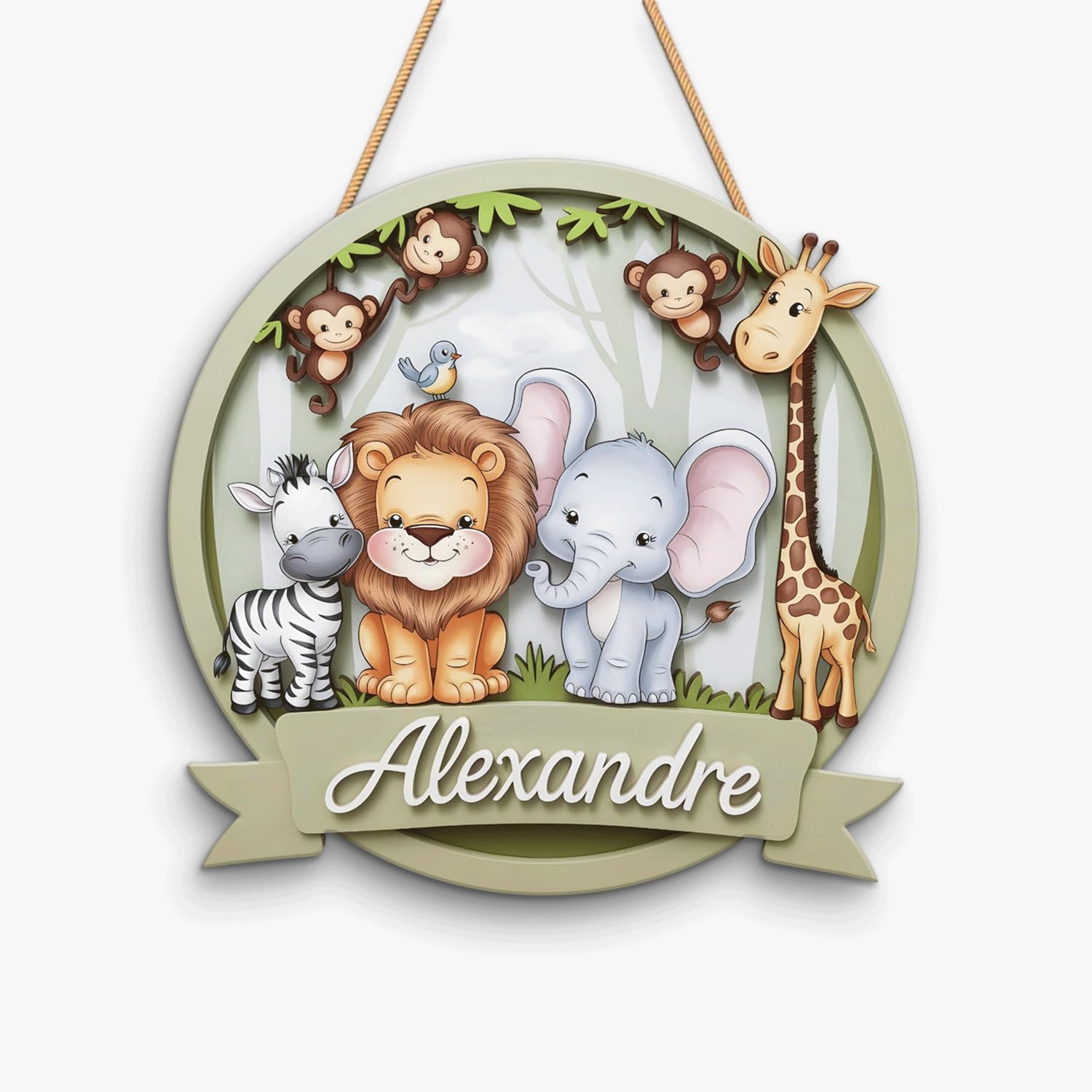 Personalized Baby Name Wall Sign, Safari Animals Round Wooden Sign for Nursery Room Decor, Name for Nursery Wall, Newborn Gifts for New Mom, New Dad, Animals Signs for Boys