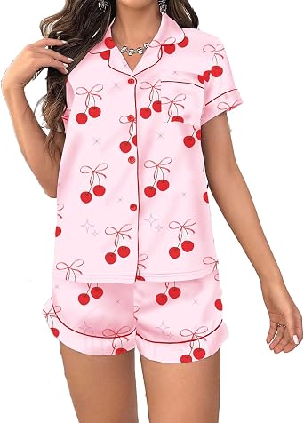 Piacakece Women 2 Piece Satin Pajama Set Hear Print Button Down Short Sleeve Shirt Shorts Lounge Set Pjs Sleepwear