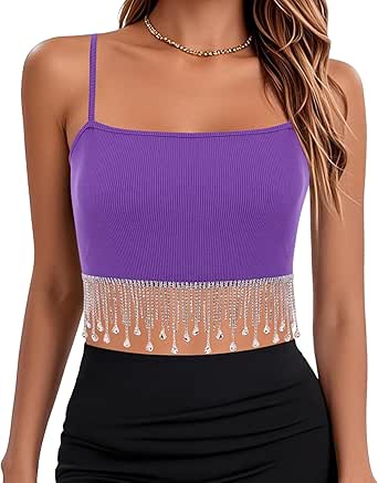 Giovacker Women's Dazzing Rhinestone Fringe Crop Tank Tops Ribbed Knit ...