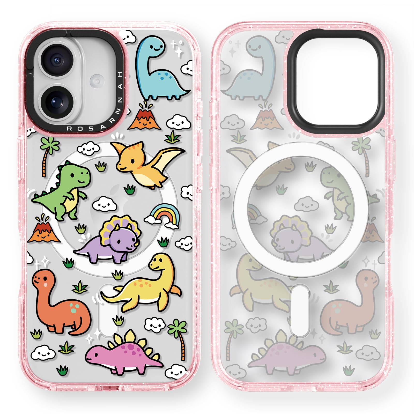 Rosarnnah Bonita funda para iPhone, compatible con Magsafe, duradera, a prueba de golpes, caída de 6.5 pies, divertido diseño de dinosaurio bebé para iPhone (6.1 pulgadas), rosa brillante