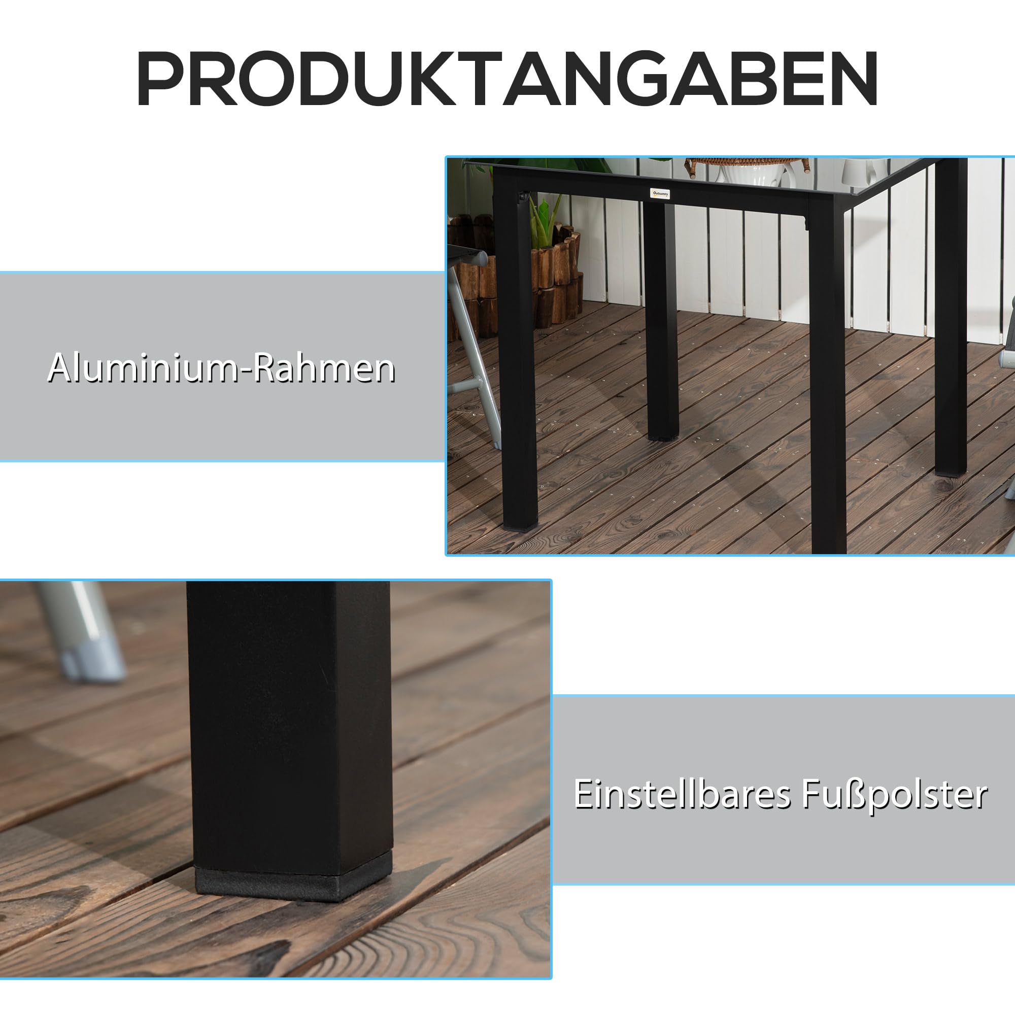 Outsunny Gartentisch, Balkontisch Hartglasplatte, 80 x 80 x 74 cm, Schwarz | Quadratischer Esstisch für Garten, Für 4 Personen, Terrassentisch, Alu