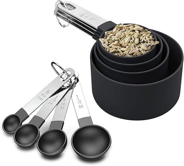 8 Piece Measuring Cups and Spoons Set, Plastic Measuring Cup and Spoon with Stainless Steel Handle, Measuring Tool for Liquids and Solids,for Cooking Kichen (Black)