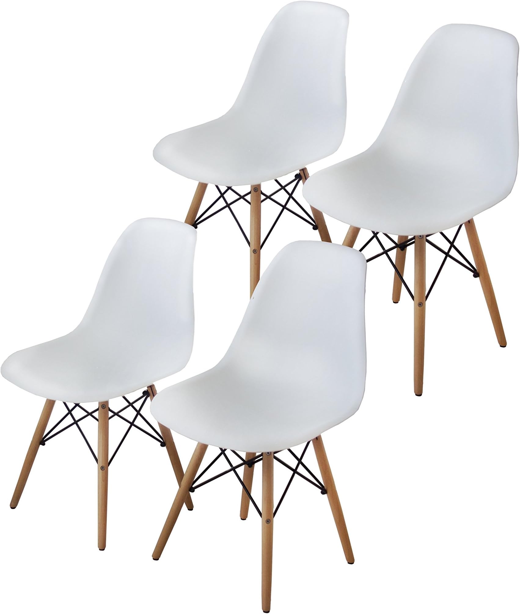 Bushman Eames Style Side Chairs Mid Century Dining Room Modern Lounge Chair No Arm Arms Armless Wooden Legs Wire Metal Eiffel Dowel Base Molded Plastic Seating, White, Set of 4