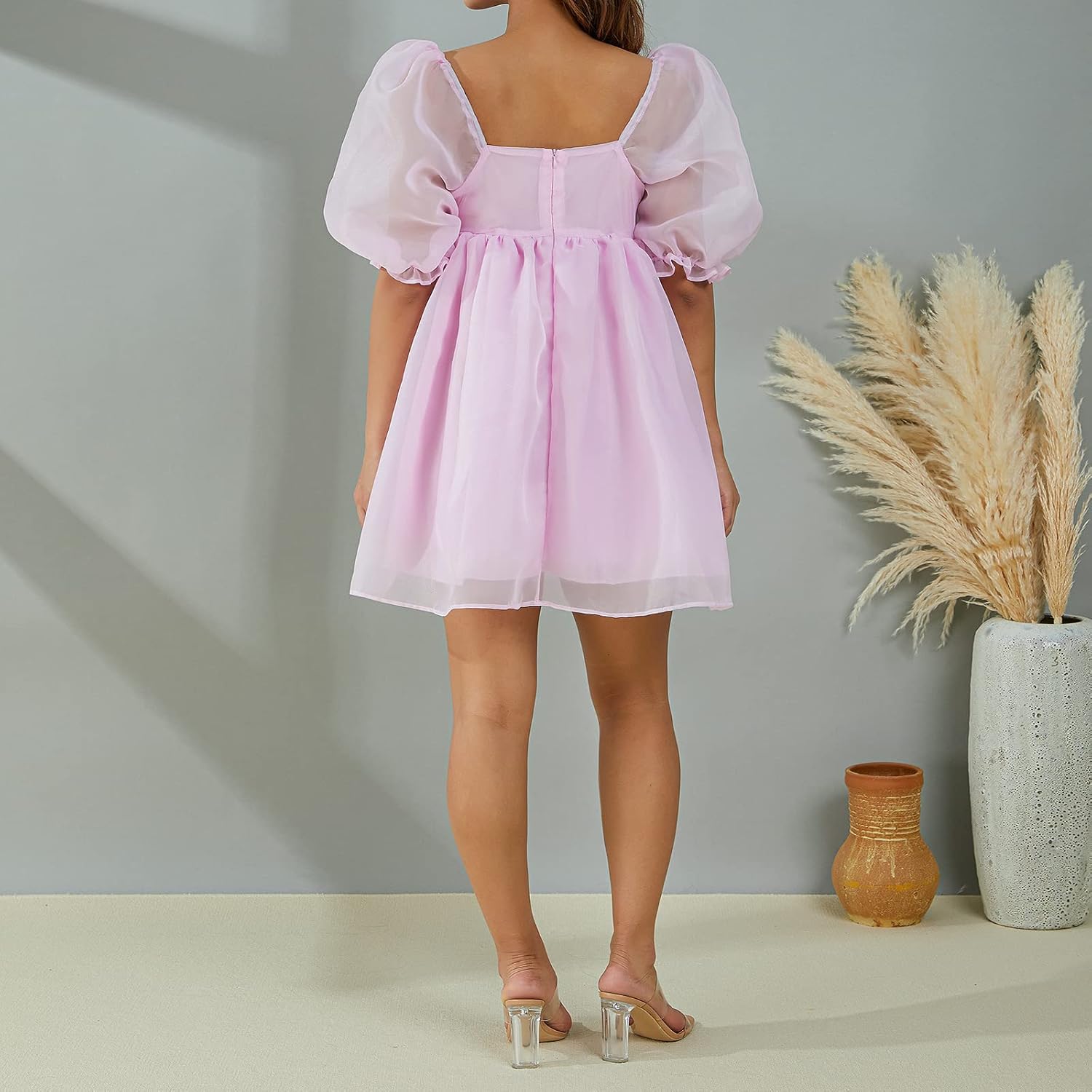 Women Off Shoulder Puff Sleeve Tulle Dress Square Neck Fairy Mini Dress Tie Dye Princess Party Prom Wedding Dress