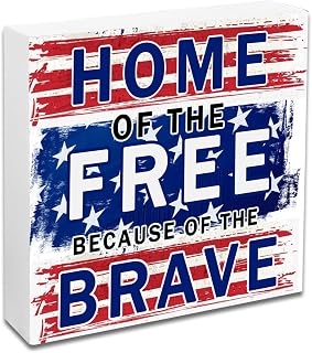 4th Of July Decorations Independence Day Patriotic Decor Wooden Box Sign July 4th decor For Home Patriotic Decorations Homes Farmhouse Wooden Block 4.9X4.9Inches Home Of The Free Because Of The Brave