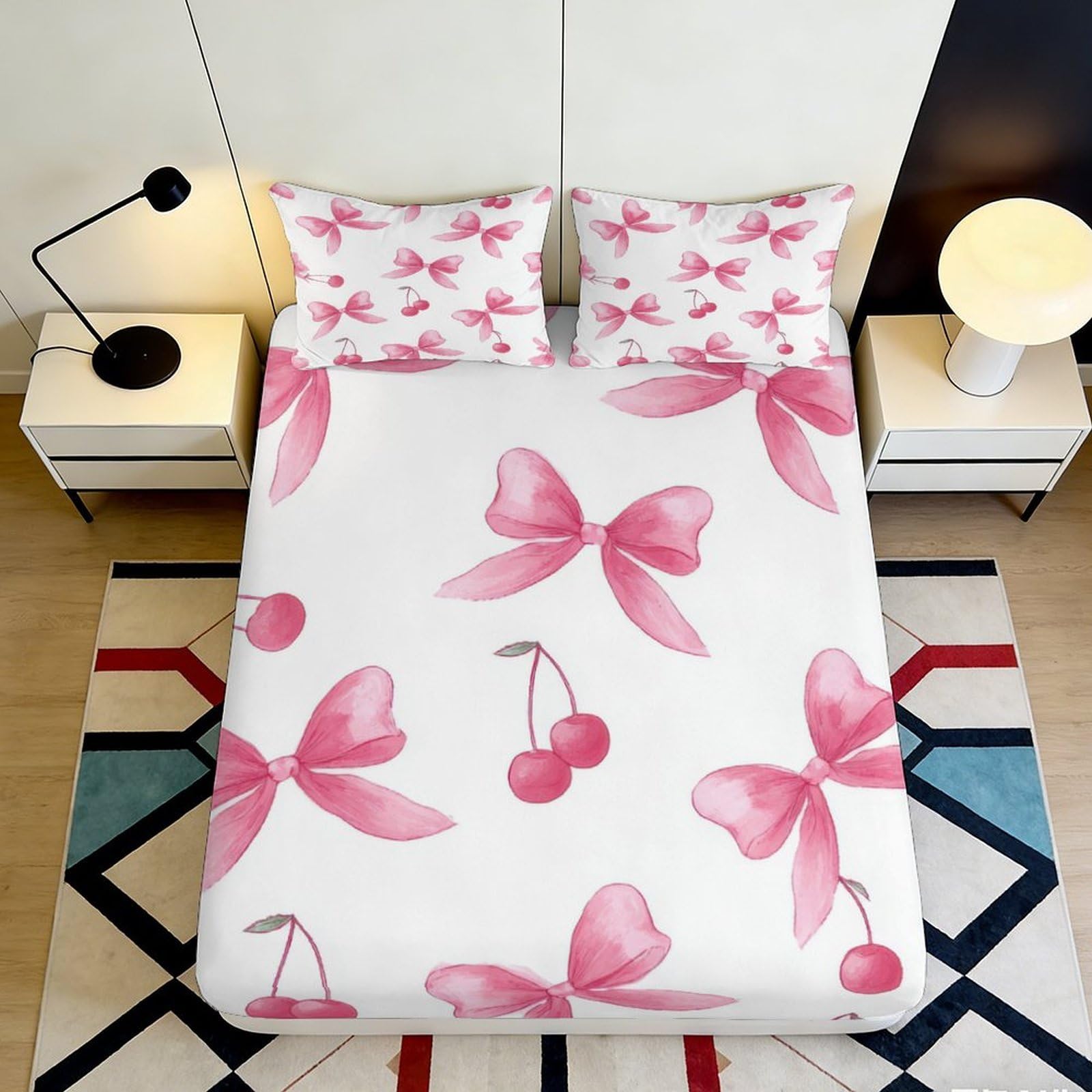 3D Printed Pink Bow and Cherry Fitted Sheet Microfiber Soft Breathable 3D Printed Cherry and Bow Mattress Cover for Bedroom Dormitory Guest Room Protection 200x200x25cm