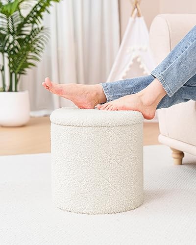 Miniatura 6 de Otomana redonda con almacenamiento, taburete Boucle con tapa de bandeja reversible, mesa de centro otomana plegable para dormitorio, sala de estar