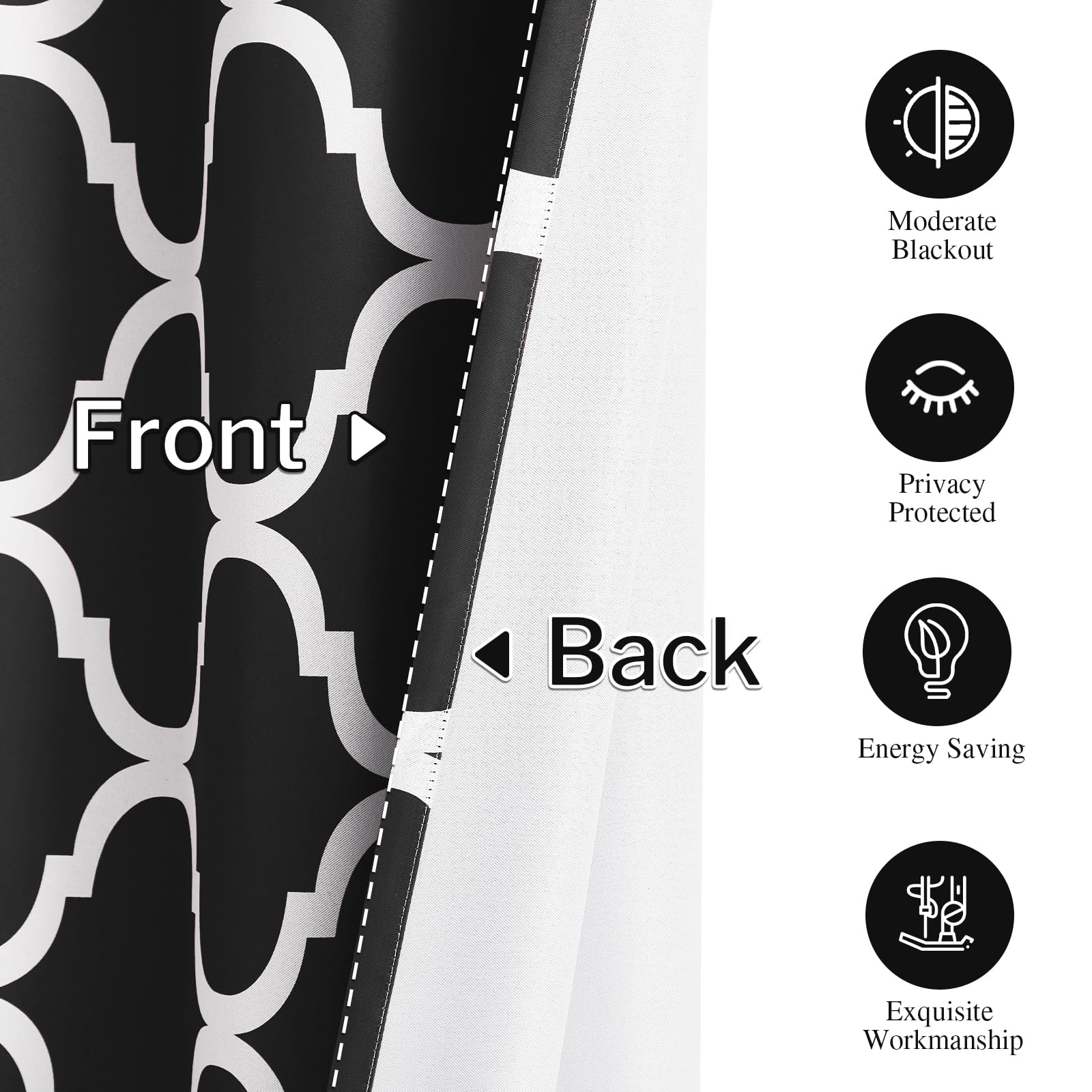 Melodieux Moroccan Fashion Thermal Insulated Room Darkening Blackout Grommet Curtains for Living Room 42 by 63 Inch, Black (2 Panels) - Image 3