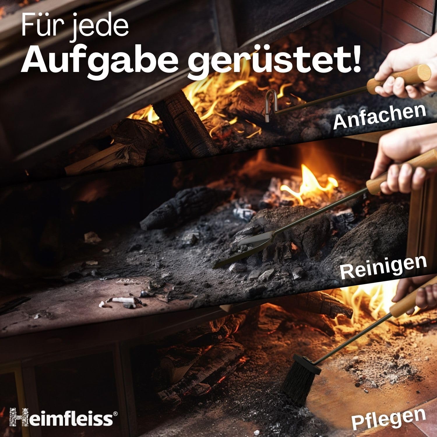 Heimfleiss® Kaminbesteck Modern Grau | Ofenbesteck Kaminbesteck Set | Hochwertiges Kaminset aus Schürhaken & Kehrset | Kaminzubehör mit Holzgriff | Kaminofen Besteck Anthrazit | Kamingarnitur für Ofen