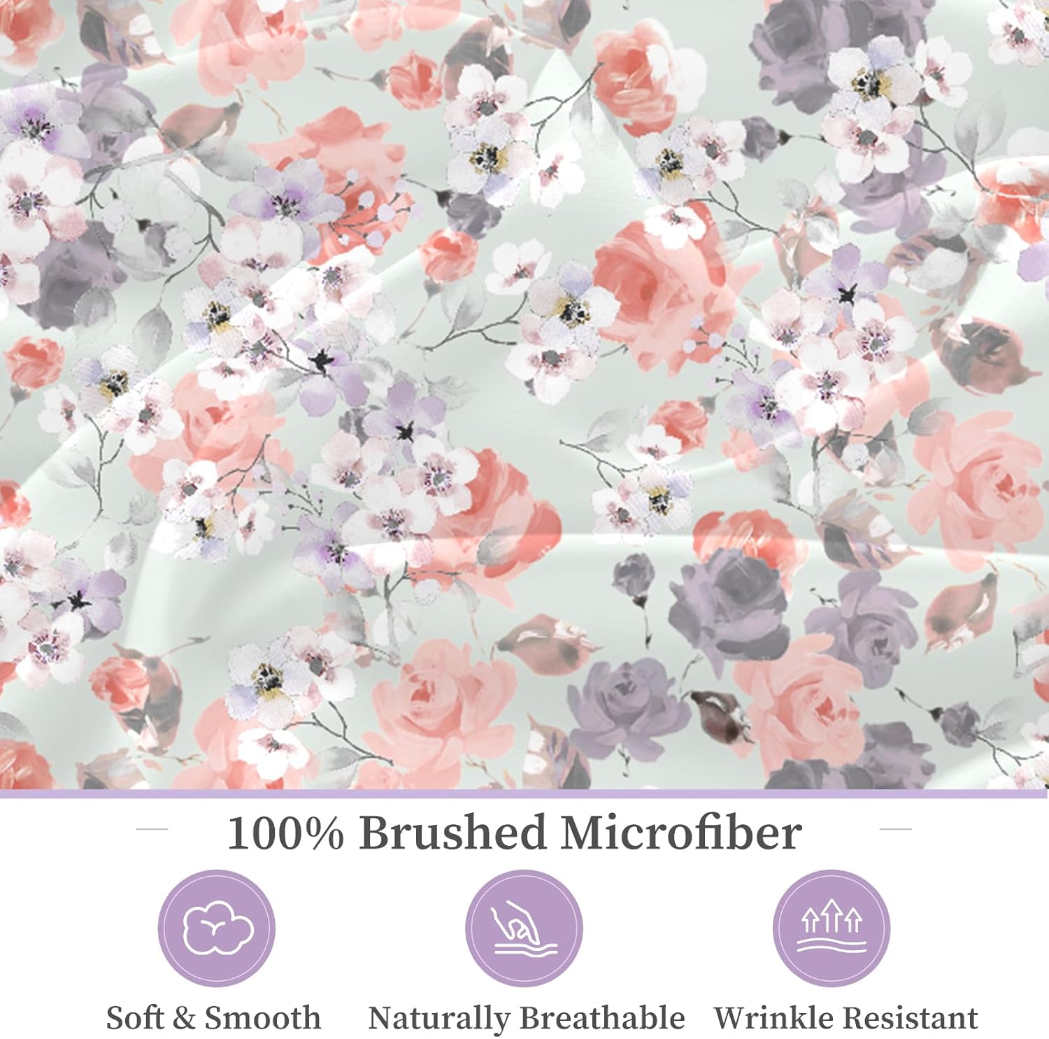 Floral Fitted Sheet with Pillow Cases, 100% Brushed Microfibre Deep Pocket Fitted Bottom Sheet, Ultra Soft, Shrinkage and Fade Resistant, King Size