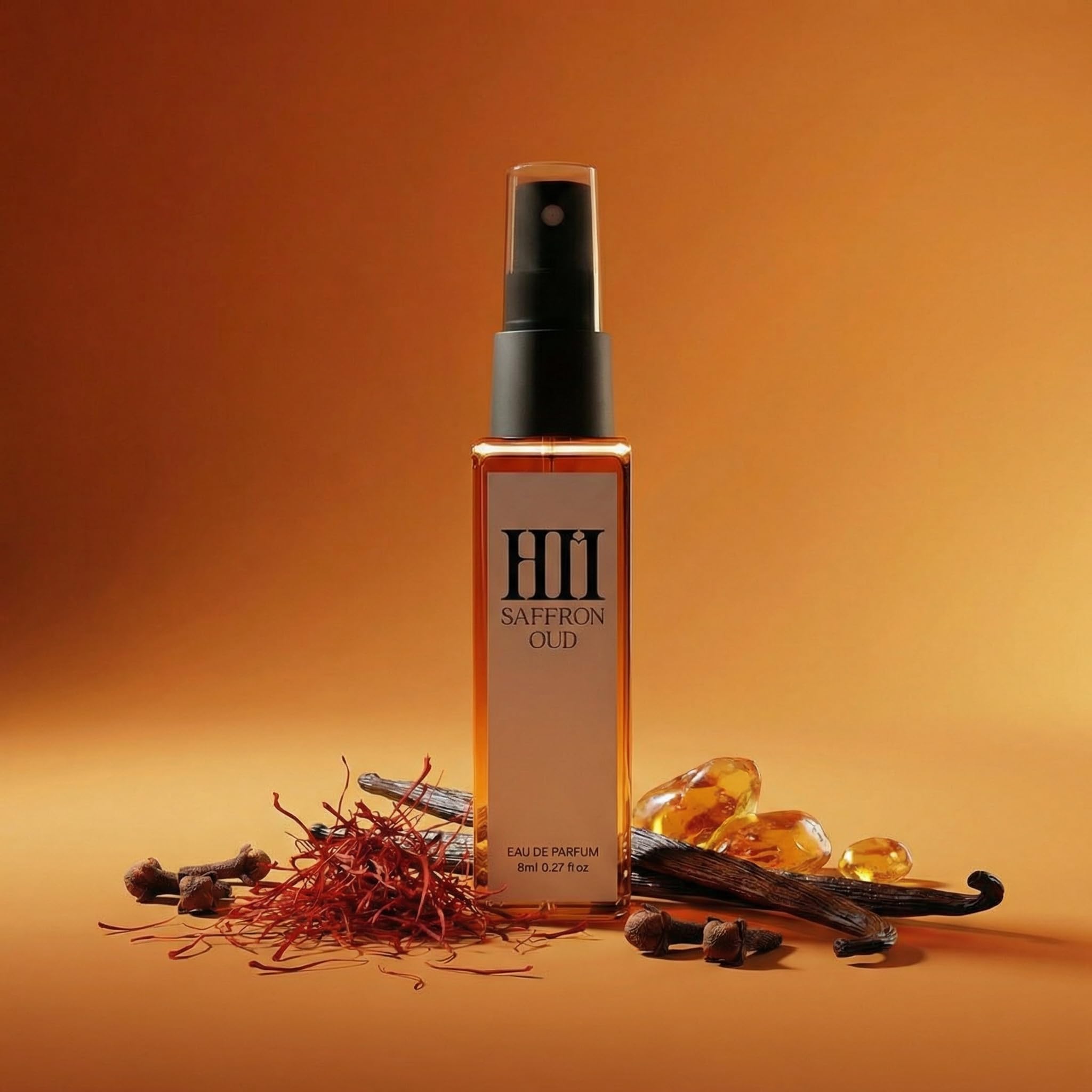 saffron oud eau de parfum 8ml trial size | intense luxury deep spicy-woody scent for unisex wear | long lasting portable travel mini perfume | elegant saffron & clove fragrance for special occasions