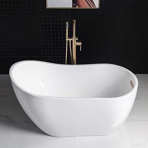 Vista 83 de WOODBRIDGE Bañera de acrílico independiente de 59 pulgadas, bañera blanca de remojo contemporáneo con desbordamiento y drenaje negro mate, Mate