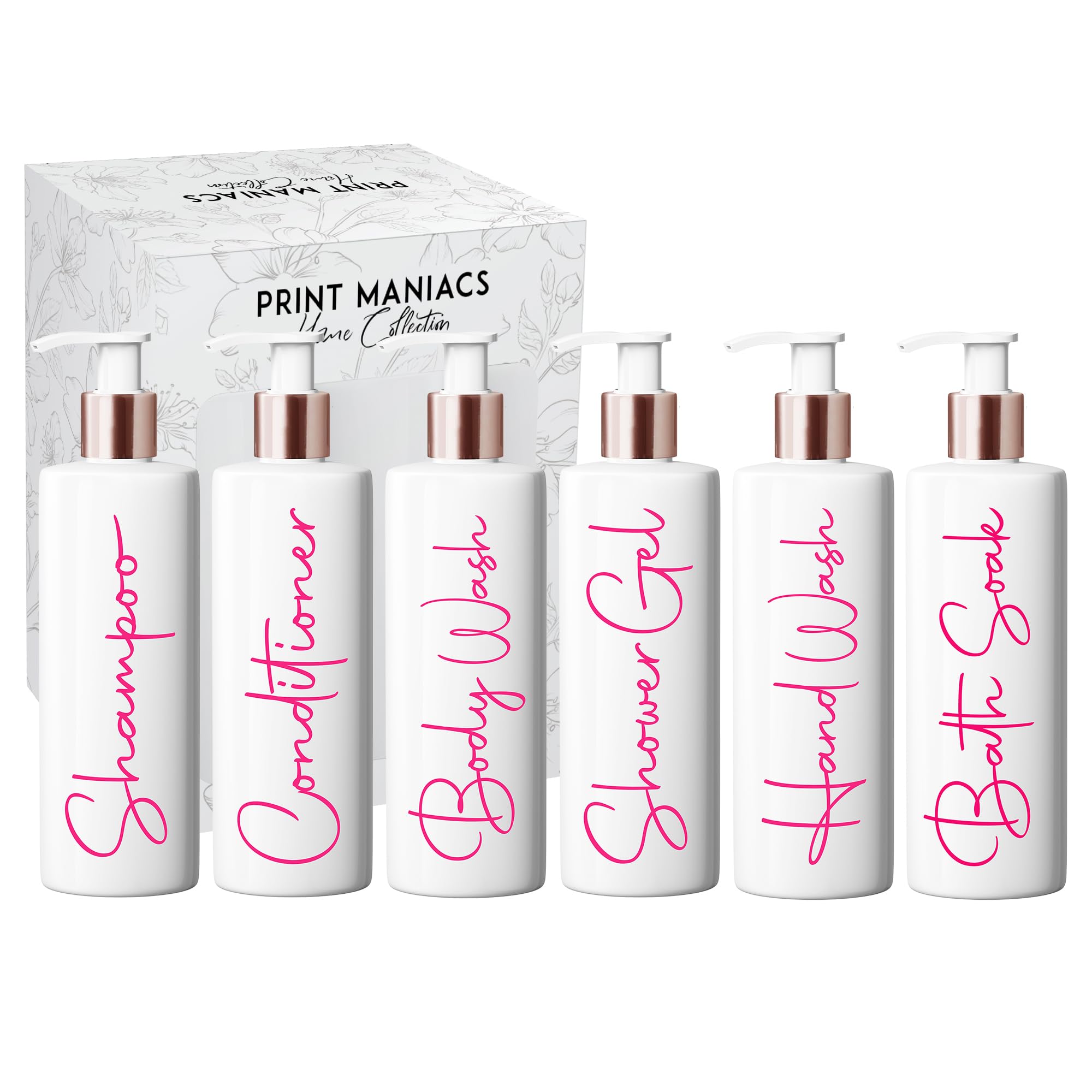 Print Maniacs White Mrs Hinch Inspired Personalised 500ml Bottles Bathroom Lotion Kitchen Shampoo Conditioner Rose Gold Pump (Set 6, F2) (Pink)