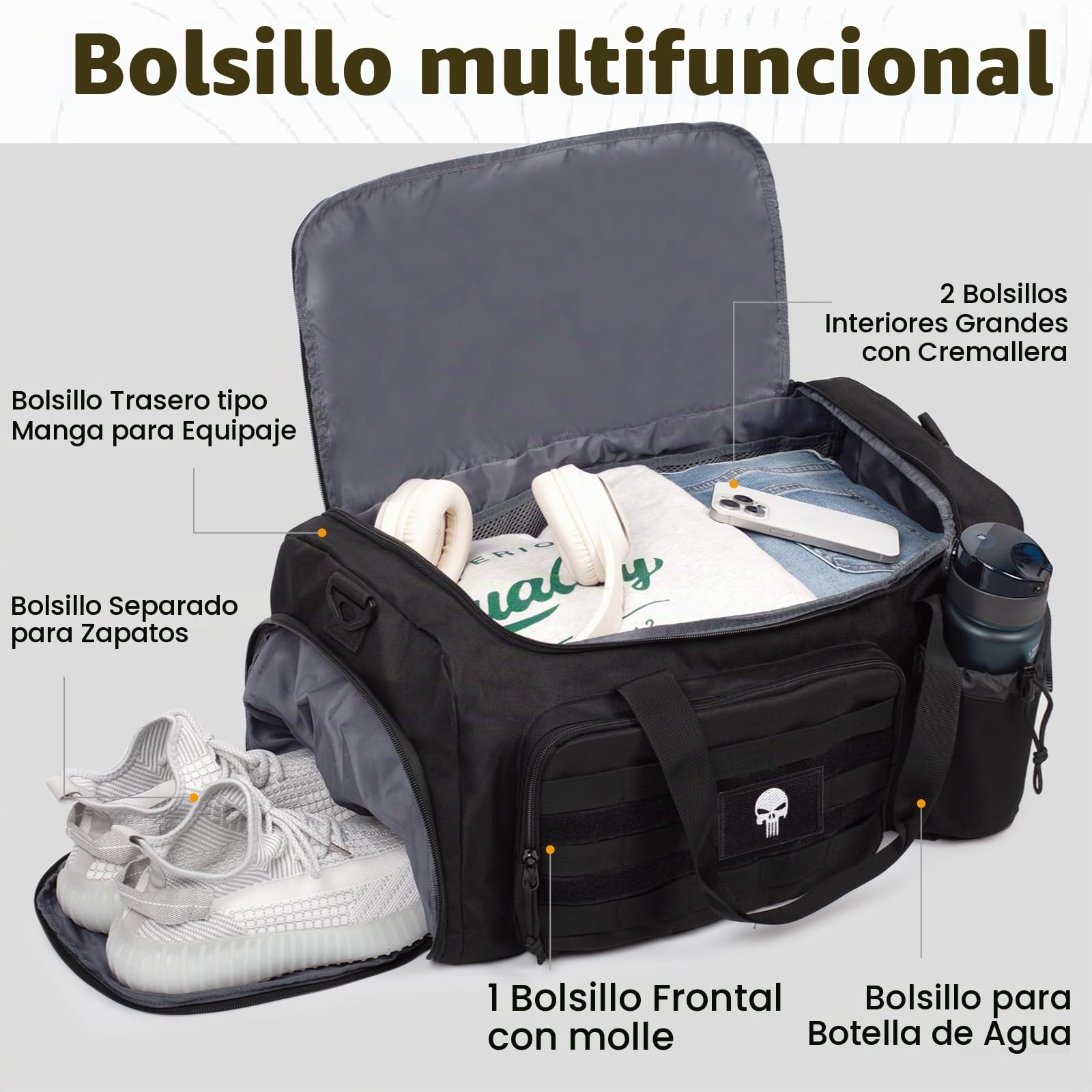 Bolsa Táctica Gimnasio Hombre, Bolsa Lona Grande 40L para Viajes | Bolsa Deportiva Táctica Gran Capacidad con Múltiples Compartimentos, Multifuncional e Impermeable para Camping y Senderismo