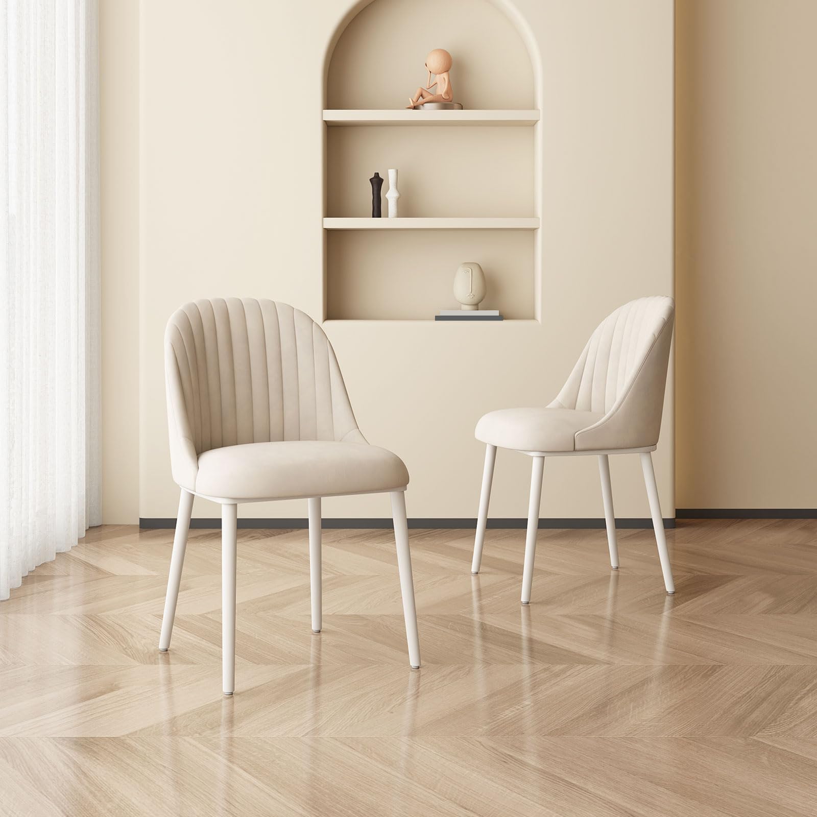 Elegante set di 6 sedie moderne color crema imbottite con seduta imbottita, schienale curvo e cuciture a canale, gambe in metallo resistenti per mobili da cucina e soggiorno