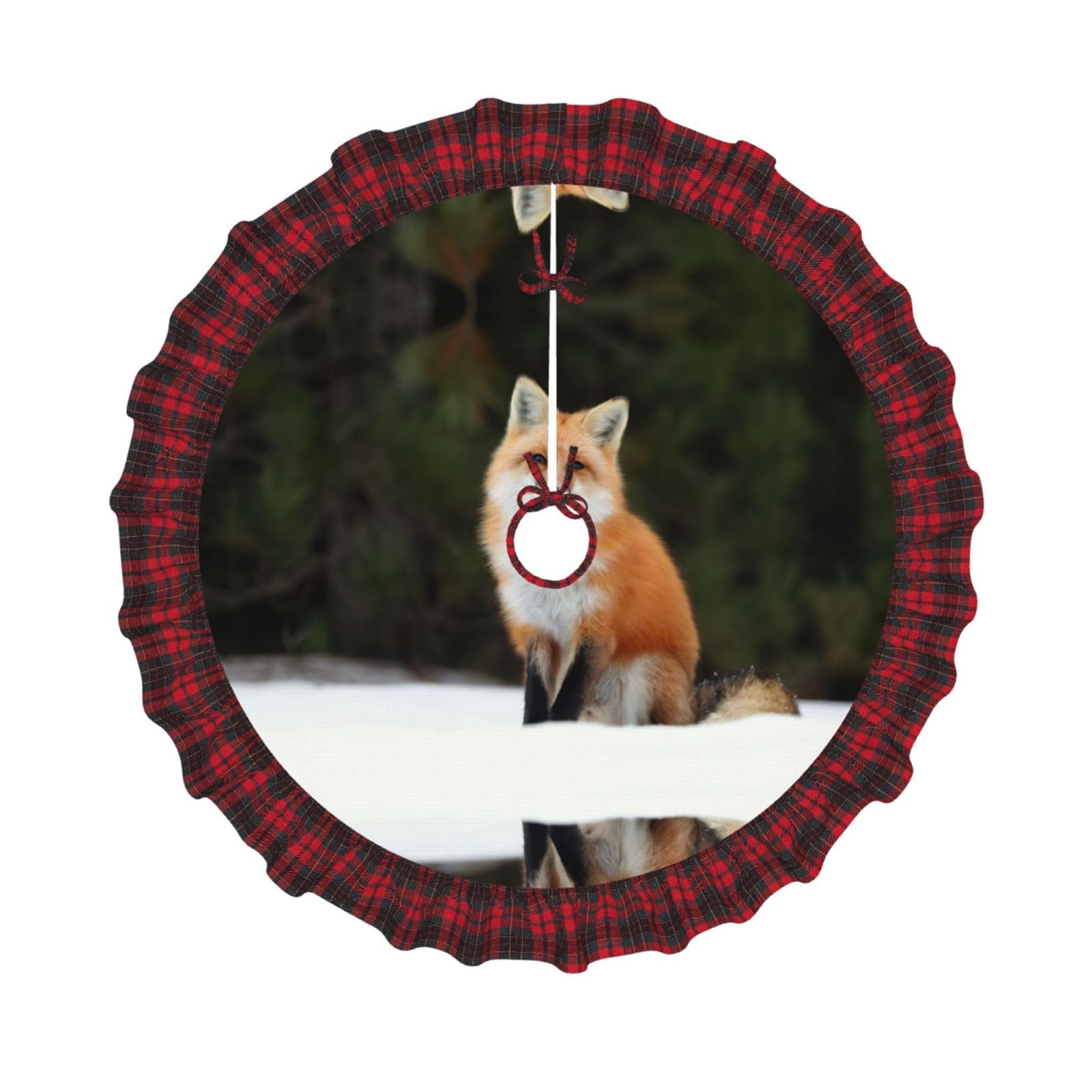 Jupe de sapin de Noël renard avec bord écossais rouge et noir pour décoration de fête
