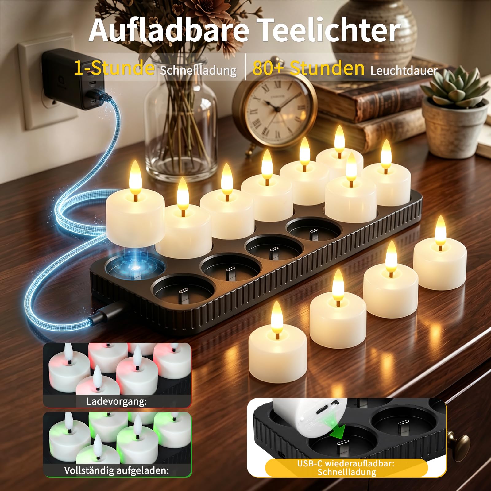 12er Led Teelichter Wiederaufladbar Mit Timerfunktion Fernbedienung