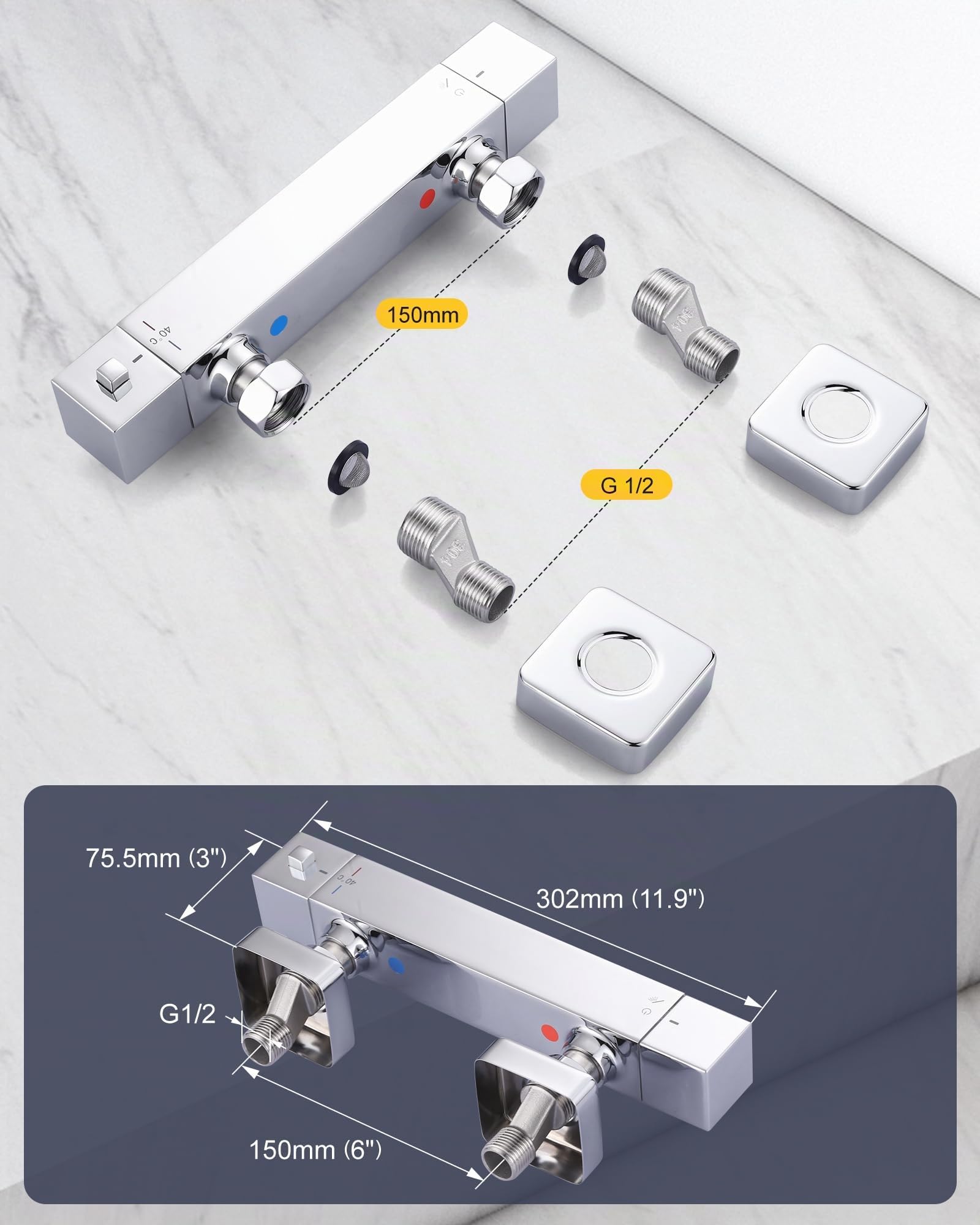ARCORA Duschthermostat Messing 40°C Sicherheitssperre ohne Schlauch Chrom | Thermostat-Duscharmatur Messing 40°C Sicherheitssperre, ohne Brauseschlauch, Wandeinbau, Chrom