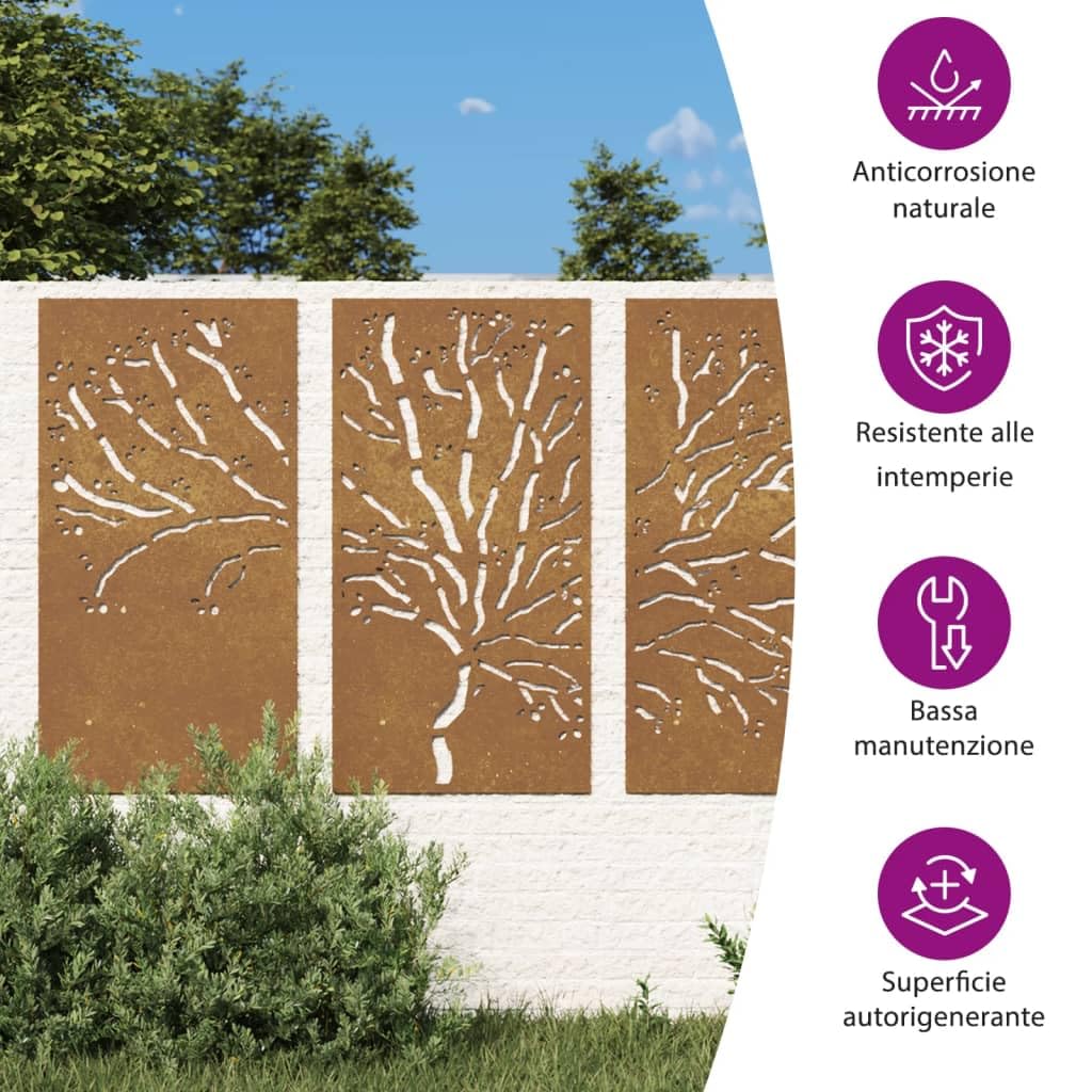 vidaXL Decorazioni Muro Giardino 3pz 105x55 cm Albero Acciaio Corten