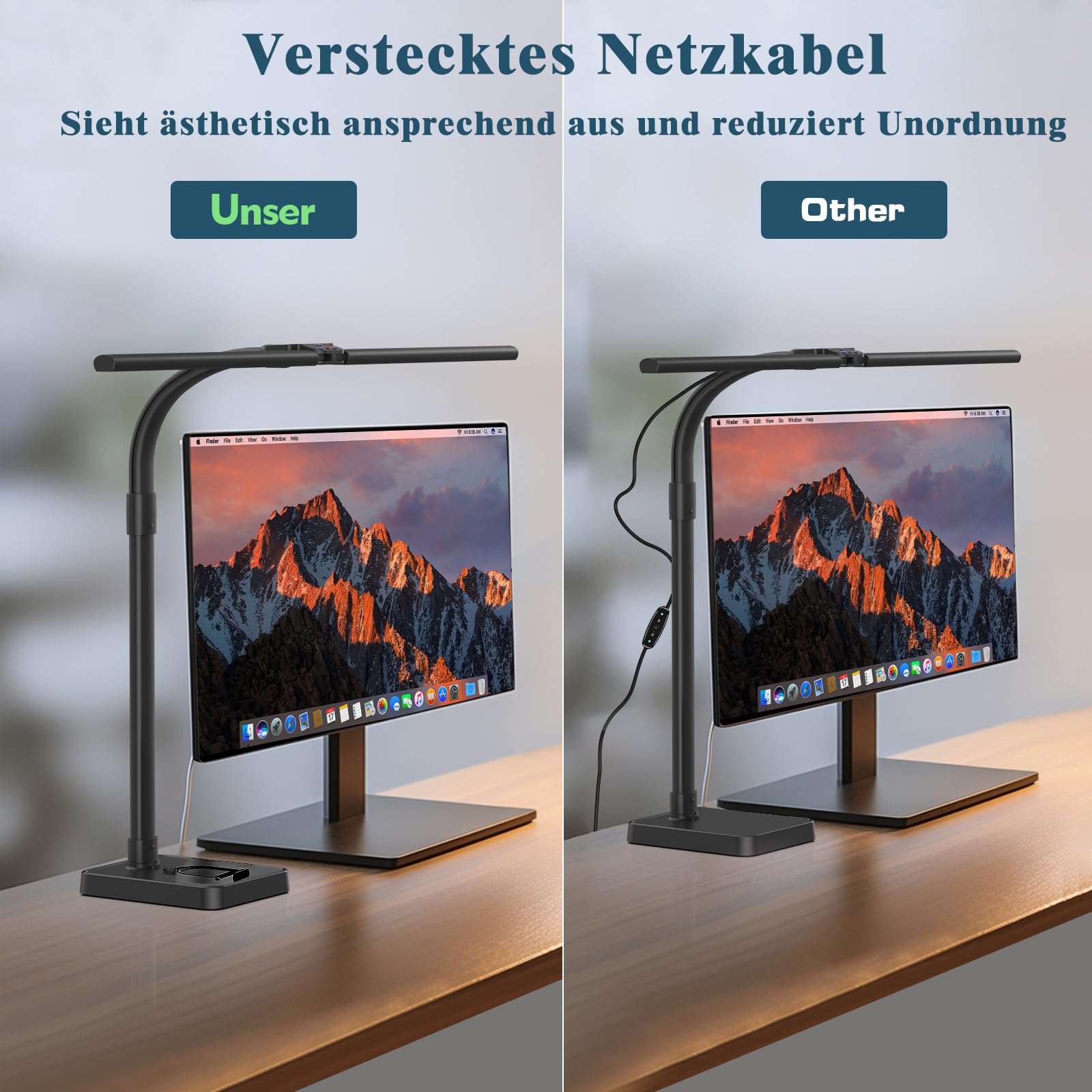 Doppelkopf Schreibtischlampe LED dimmbar,24W 80CM Schreibtischlampe groß und hell,Augenschutz desk lamp büro lampe schwarz,Schwanenhals tischlampe monitor lampe mit 25 Beleuchtungsmodi (Schwarz)