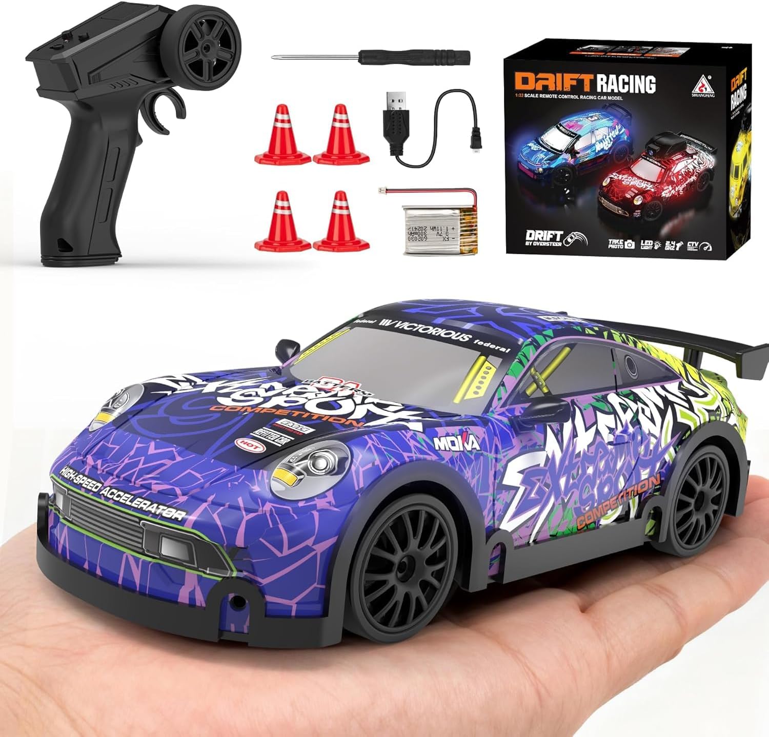 - 1:32 Micro Monster Remote Control Car with LED Lights, Mini rc Cars Drift Racing Car with Rechargeable Battery, 360° Rotation - Boys Toys, Gifts for Christmas Birthdays and Holidays (Purple)