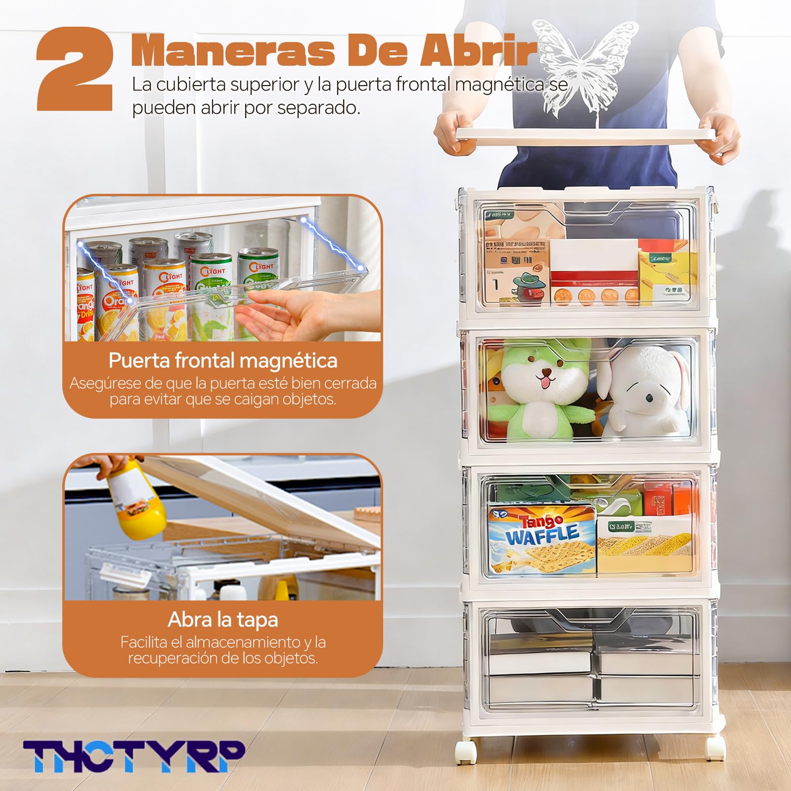 Caja de Almacenamiento 23L, 4 Unidades, Transparentes con Tapa | Apilables, Plegable, Con Puerta, Con Ruedas