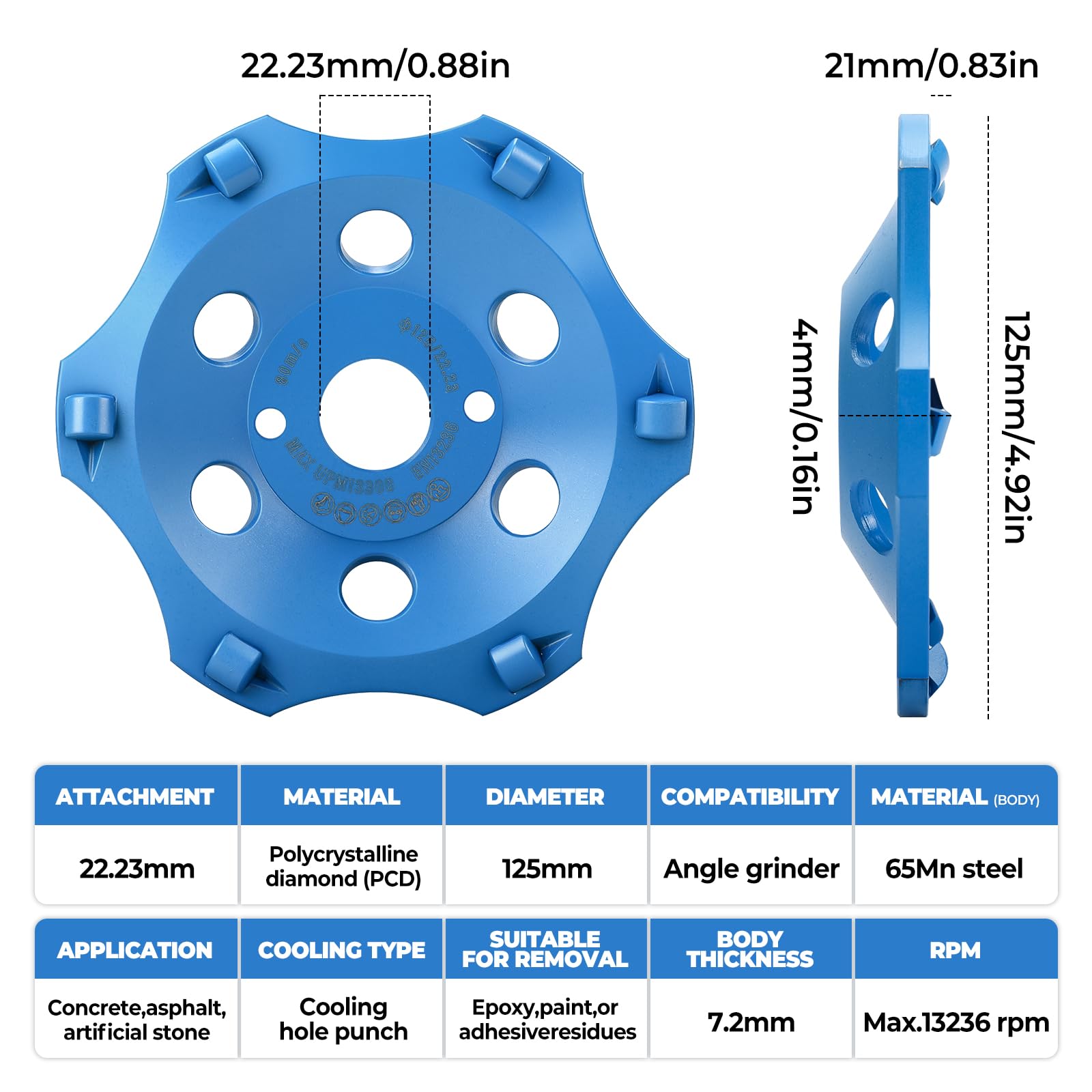PKD PCD Diamond Schleiftopf 125 mm x 22,23 mm, Hochleistungs-Schleiftopf für Winkelschleifer, Schleifscheibe Schleifteller für Beton, Leich & robuste Beschichtungen (6 segmentos)