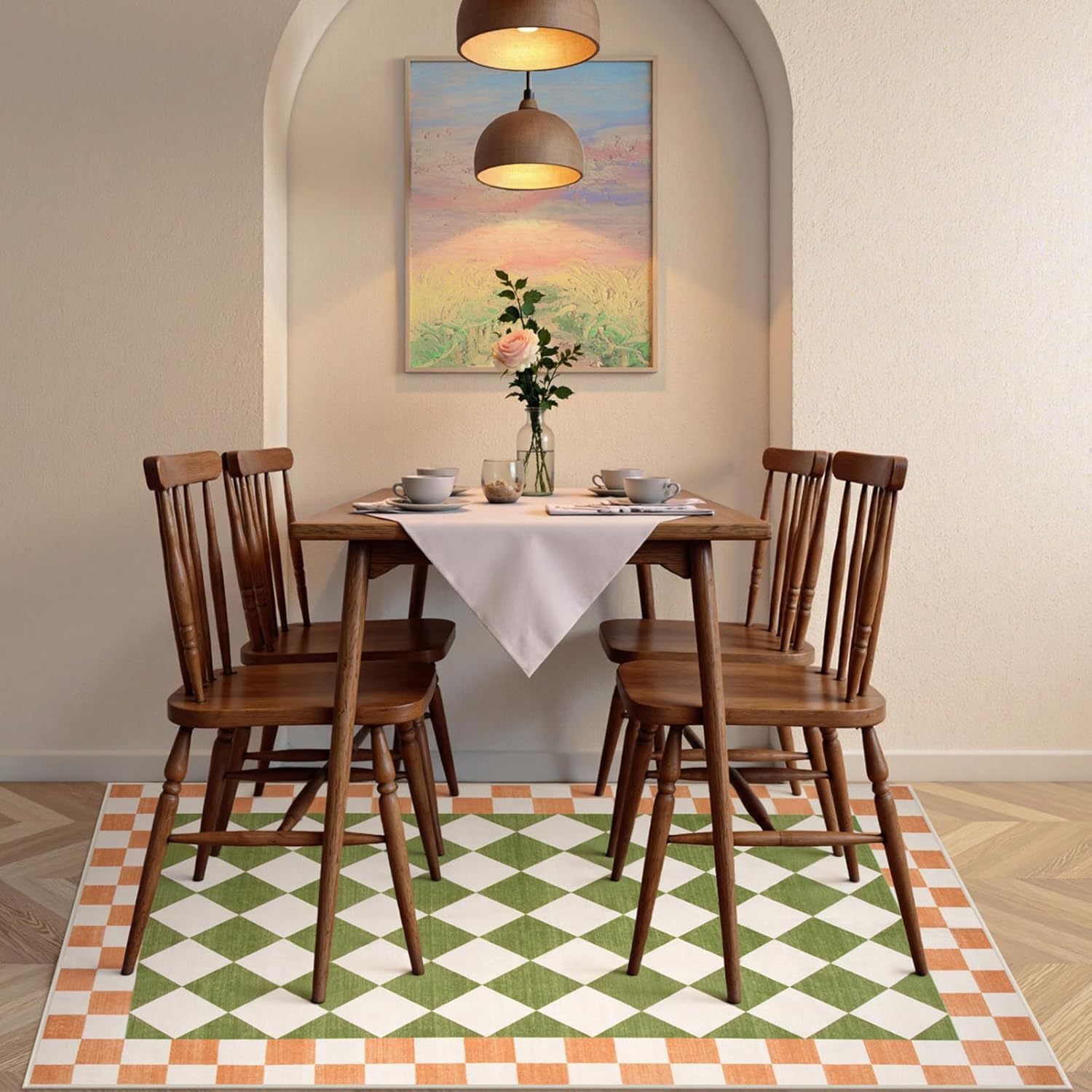 Morebes Green Checkered Rugs for Living Room, 4x6 Washable Area Rug for Bedroom, Geometric Checkerboard Soft Low Pile Playroom Rug, Non Slip Carpet for Dining Room Nursery Dorm Home Decor - Image 6