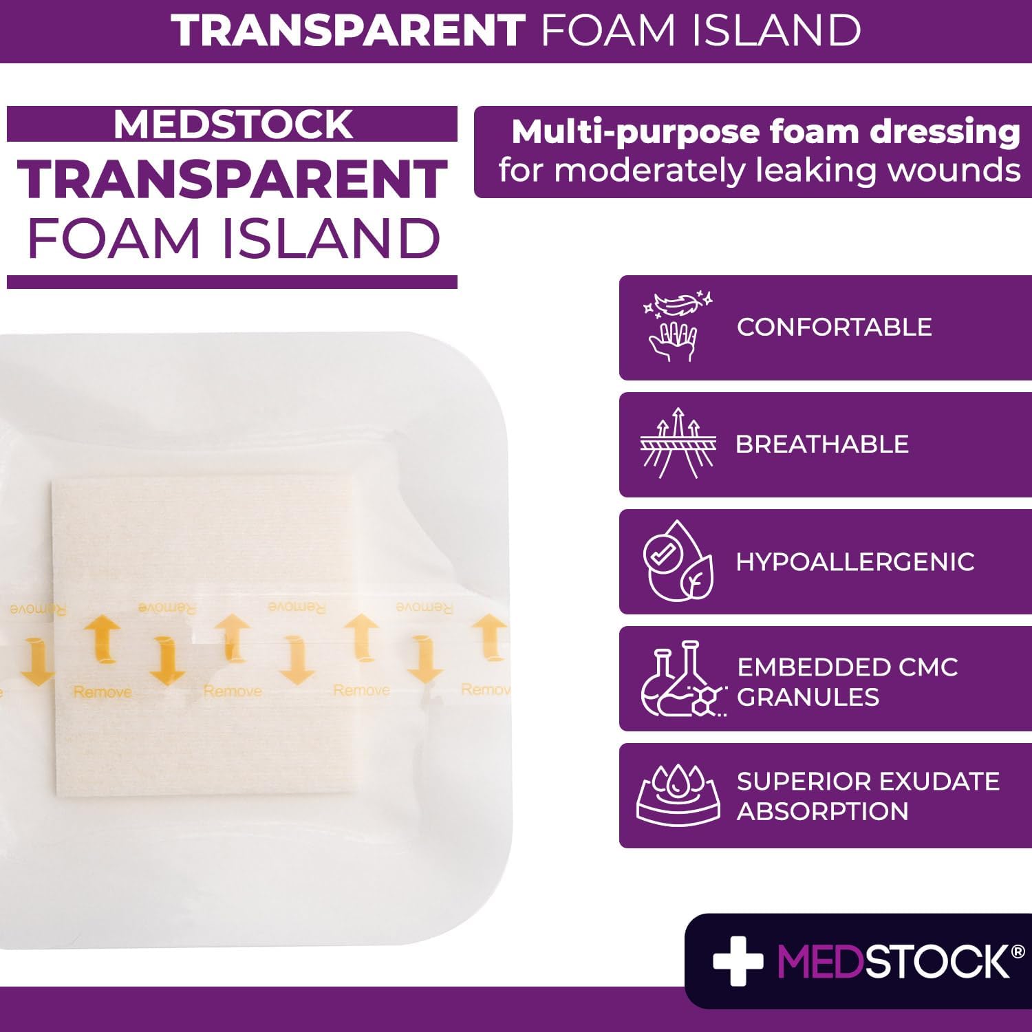 MEDSTOCK Transparent Foam Island Dressing, 4"x4" (Pack of 10), Wound Care, Polyurethane Foam Dressing, with Hydrophilic CMC Granules, Enhances Wound Monitoring, Permeable Wound Care