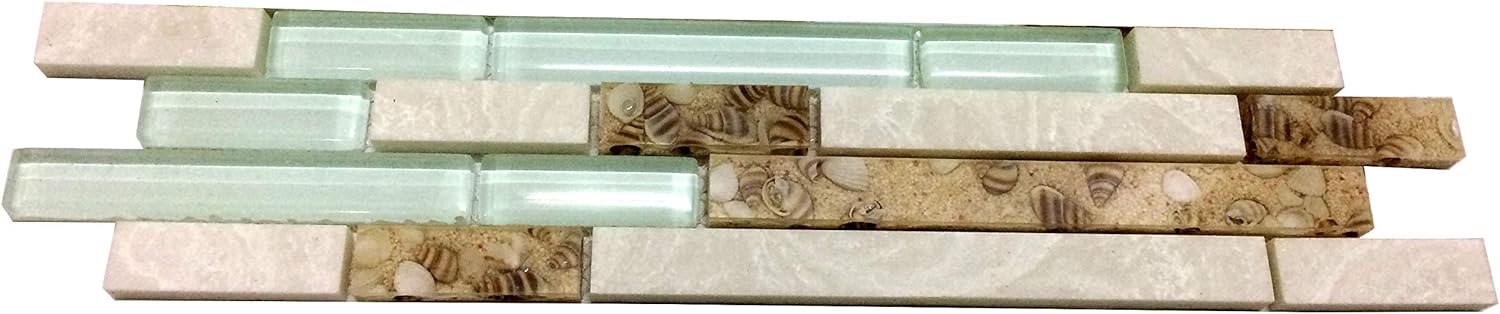 Hominter Beach Style Tile Real Seashell Conch Inside Lake Green Crystal Glass White Stone Linear Mosaic Bathroom Wall Tiles Coastal Kitchen Backsplash (3x12 Sample)