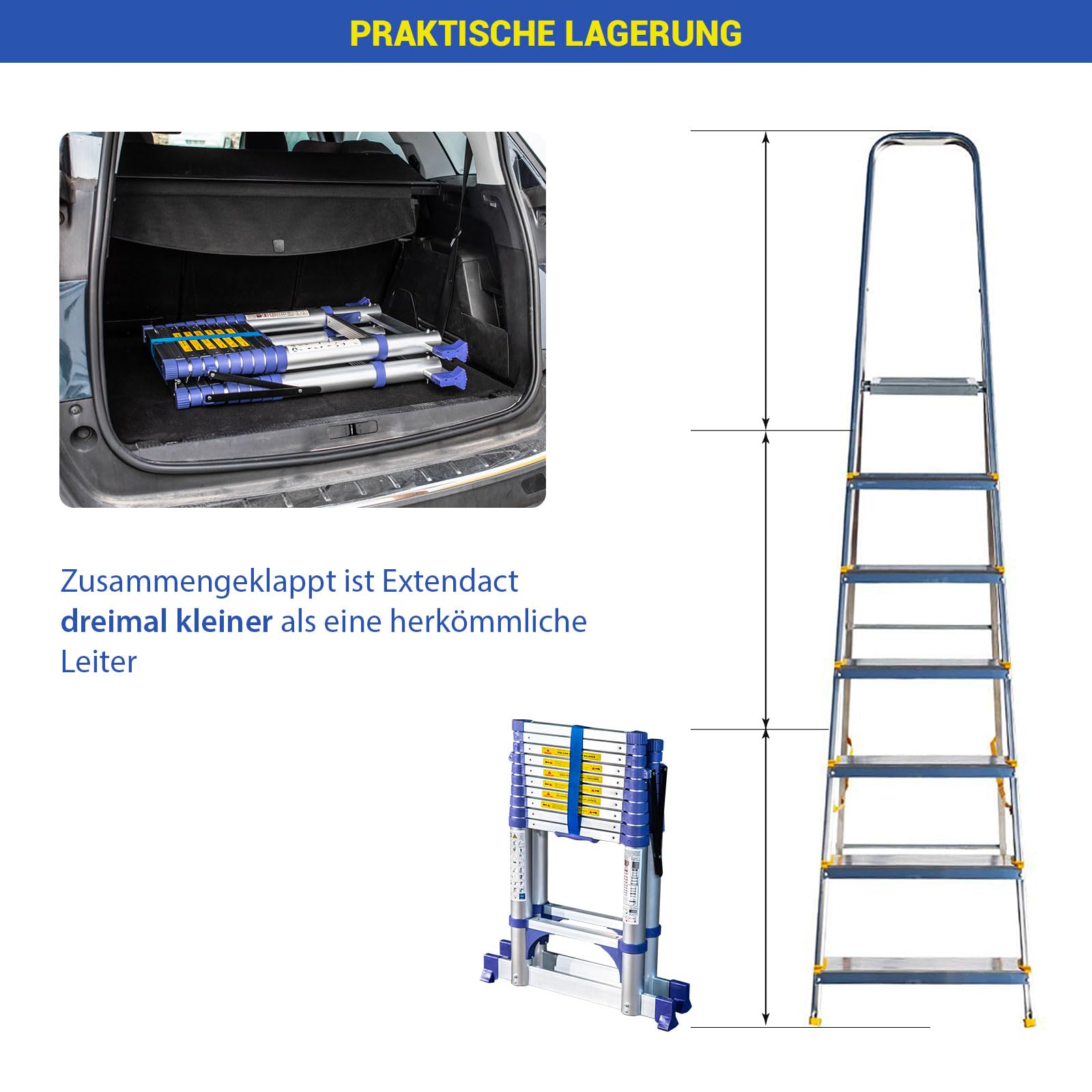 HOSTRÖM Teleskop-Trittleiter 11 Stufen EXTENDACT11, Teleskopleiter 3.2m+2.9m, Faltbare Trittleiter, Stabilisator, Max. Arbeitshöhe 4.7m, 5 Jahre Garantie