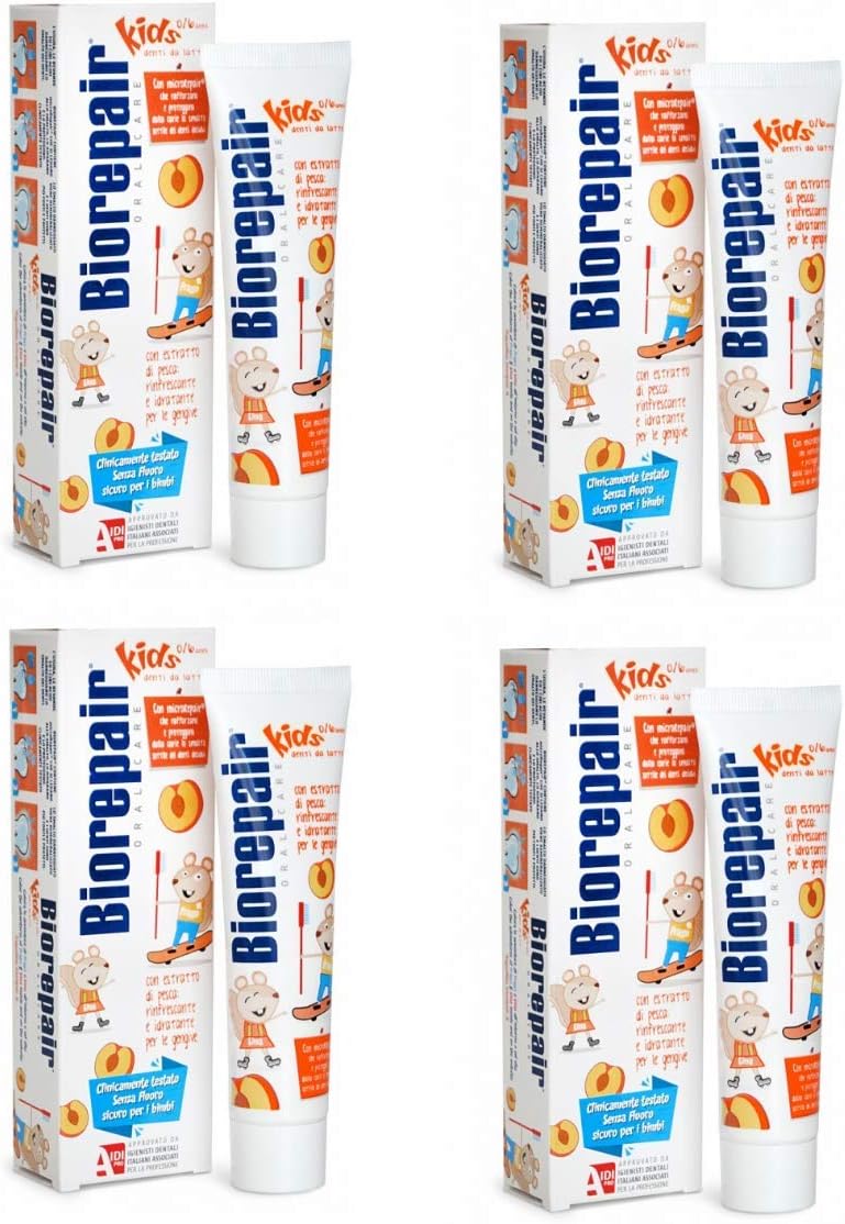 Biorepair Kids 0-6 Pasta de Dente Sem Flúor Sabor Pêssego 50ml, Pacote com 4