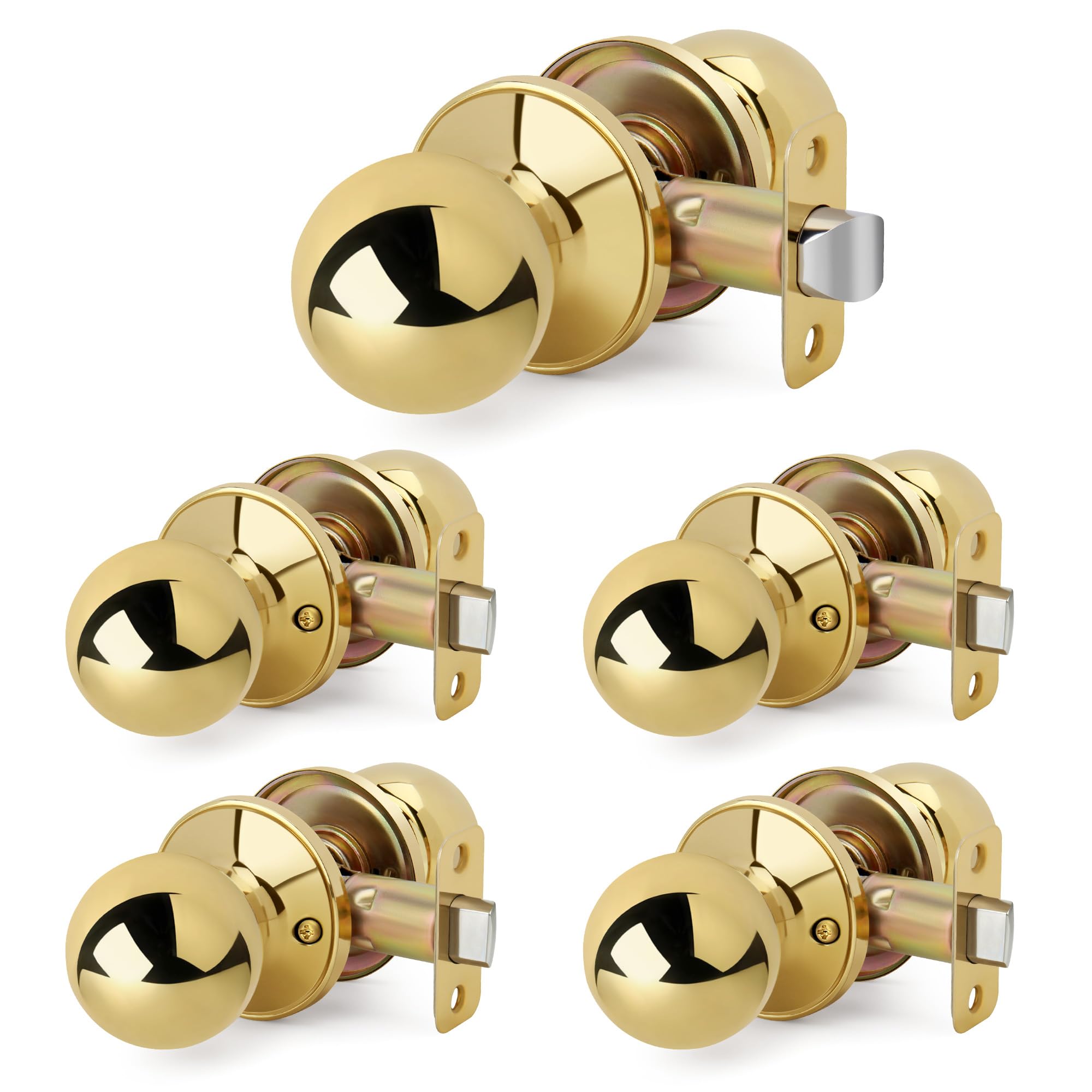 LOQRON 5 Pack Wholesale Ball Design Door Knob No Lock, Passage Round Shaped Non-Locking Doorknob for Hallway/Closet, Polished Brass Finish