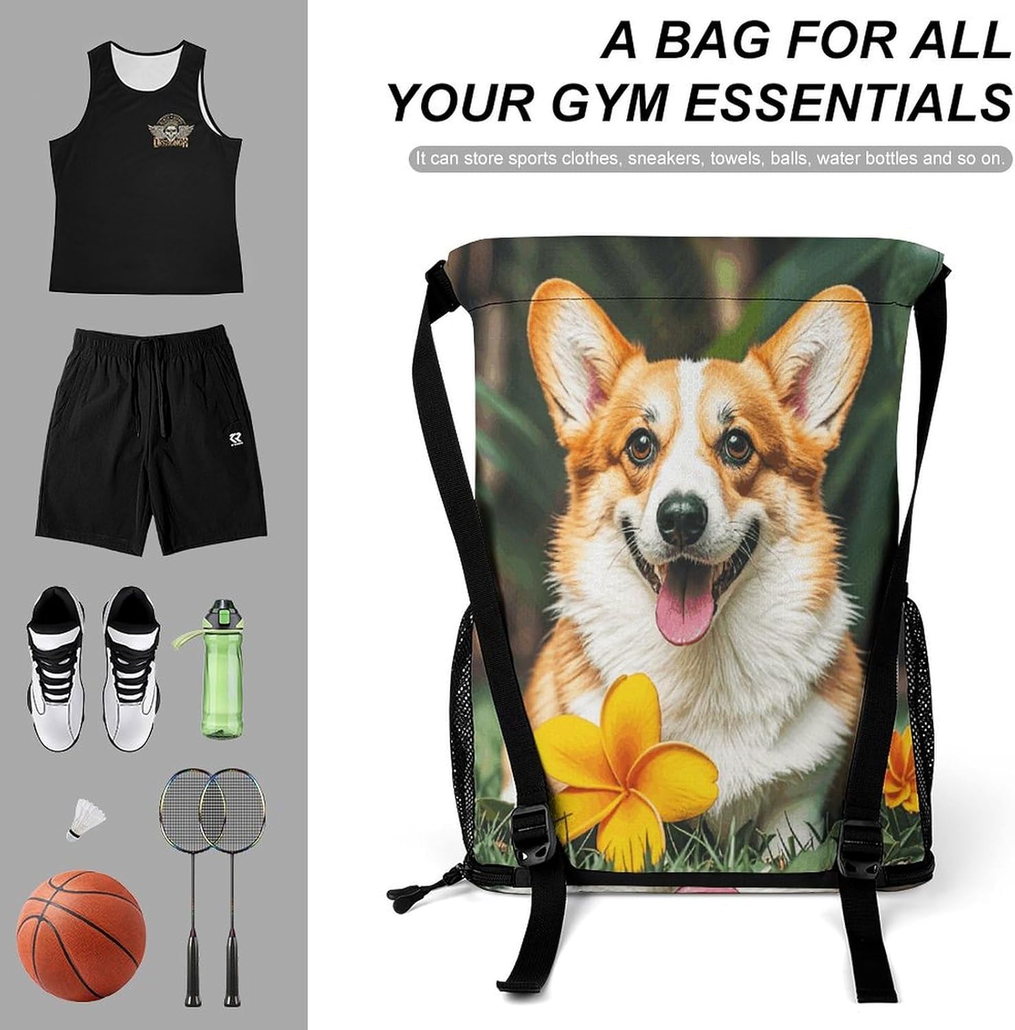 Fitness Drawstring Backpack Waterproof Gym Bag Tropical Flower And Corgi Lightweight Dry And Wet Separation Swim Bag