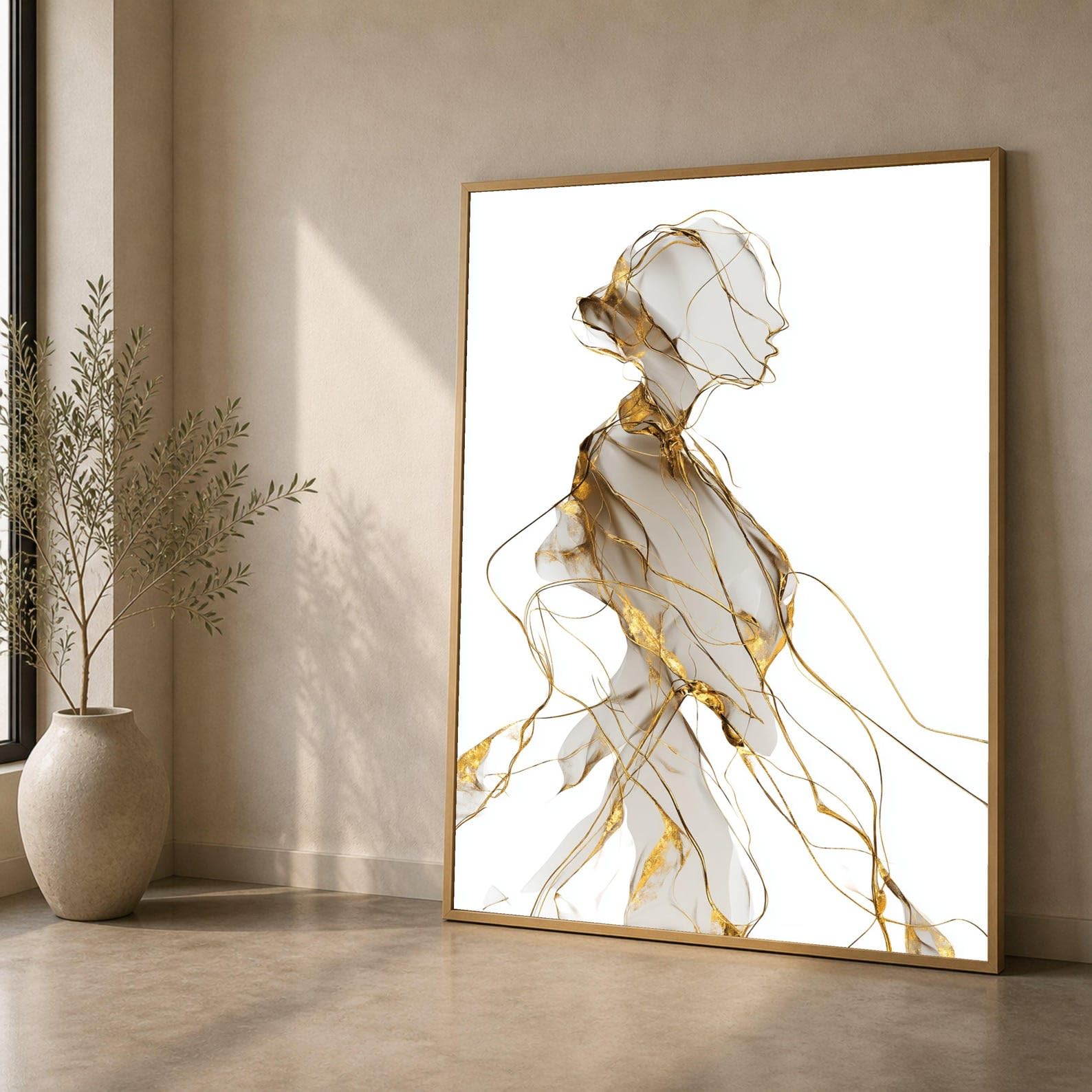 Lmycheng Girls Frameless Elegant Silhouette Canvas, Flowing Gold Line Art Painting, Abstract Wall Art, Minimalist Home Decor Canvas Print(50X75cm/Frameless)