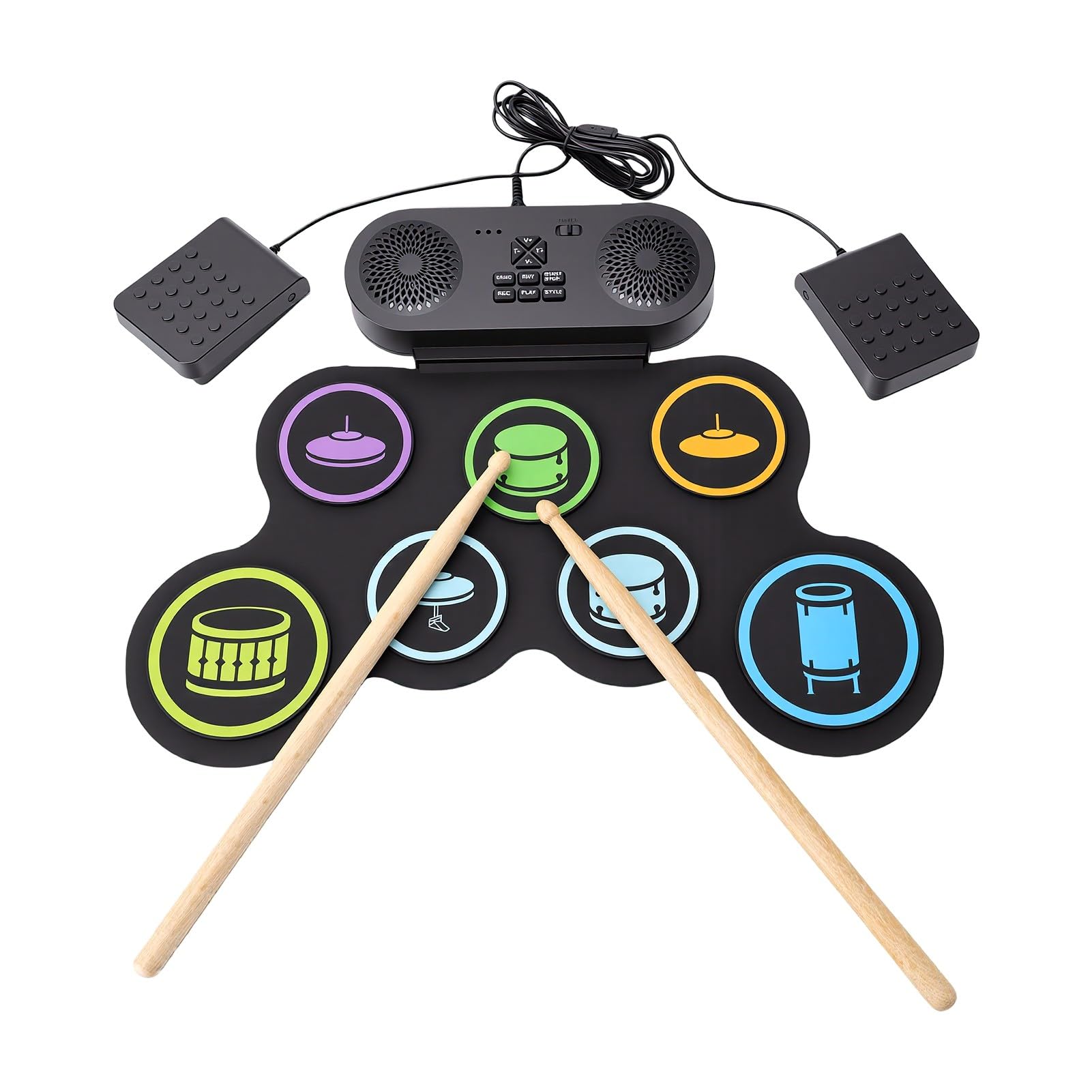 Dpofirs Batteria Elettronica Portatile Arrotolabile, Kit di Tamburi con Doppio Altoparlante Pad di Pratica Bacchette Registrazione e Riproduzione, Design Pieghevole for Principianti e