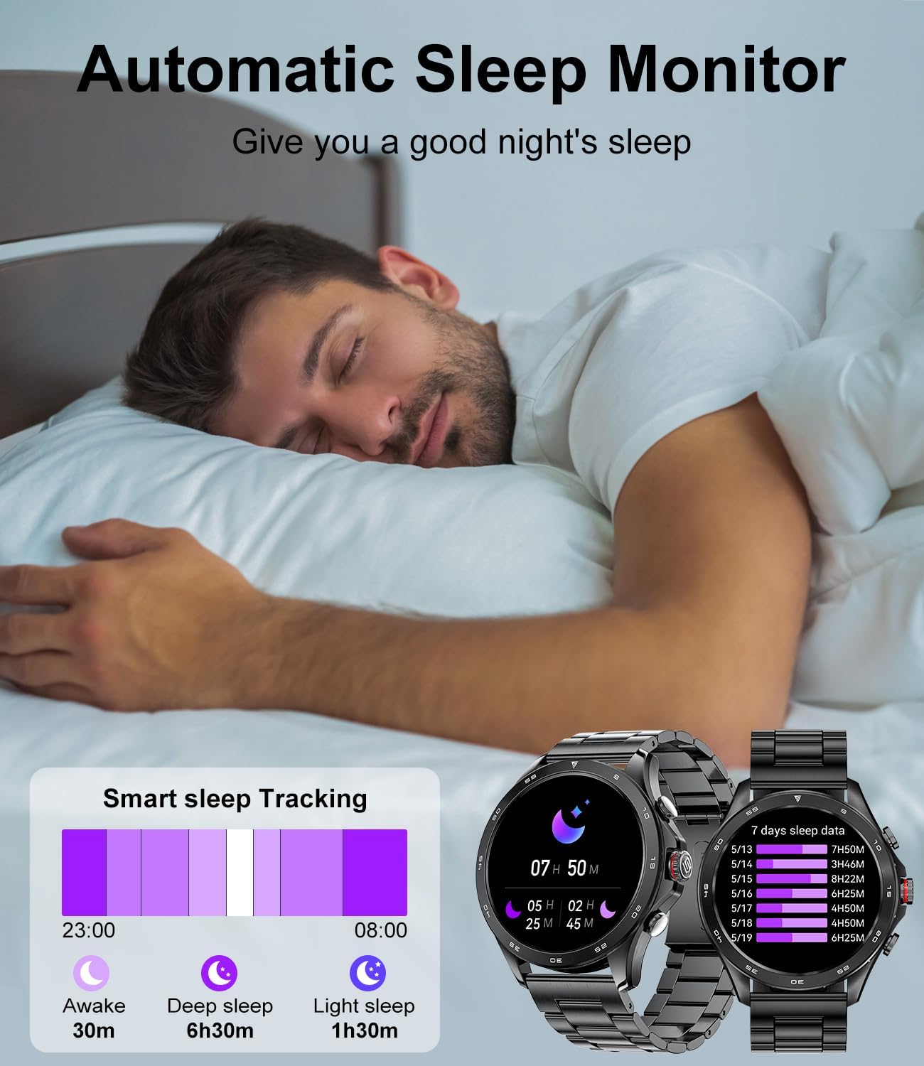 LIGE Smartwatch showing automatic sleep monitoring with sleep stage data and duration.