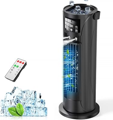 Condizionatore mobile 4 in 1 Silenzioso 28dB, Rinfrescante d’Aria Modo Tempesta, Oscillazione 120°, 4 velocità Vento Naturale 3D Sonno, 2 Nebbie, Timer 8H per Camera Ufficio(Nero)
