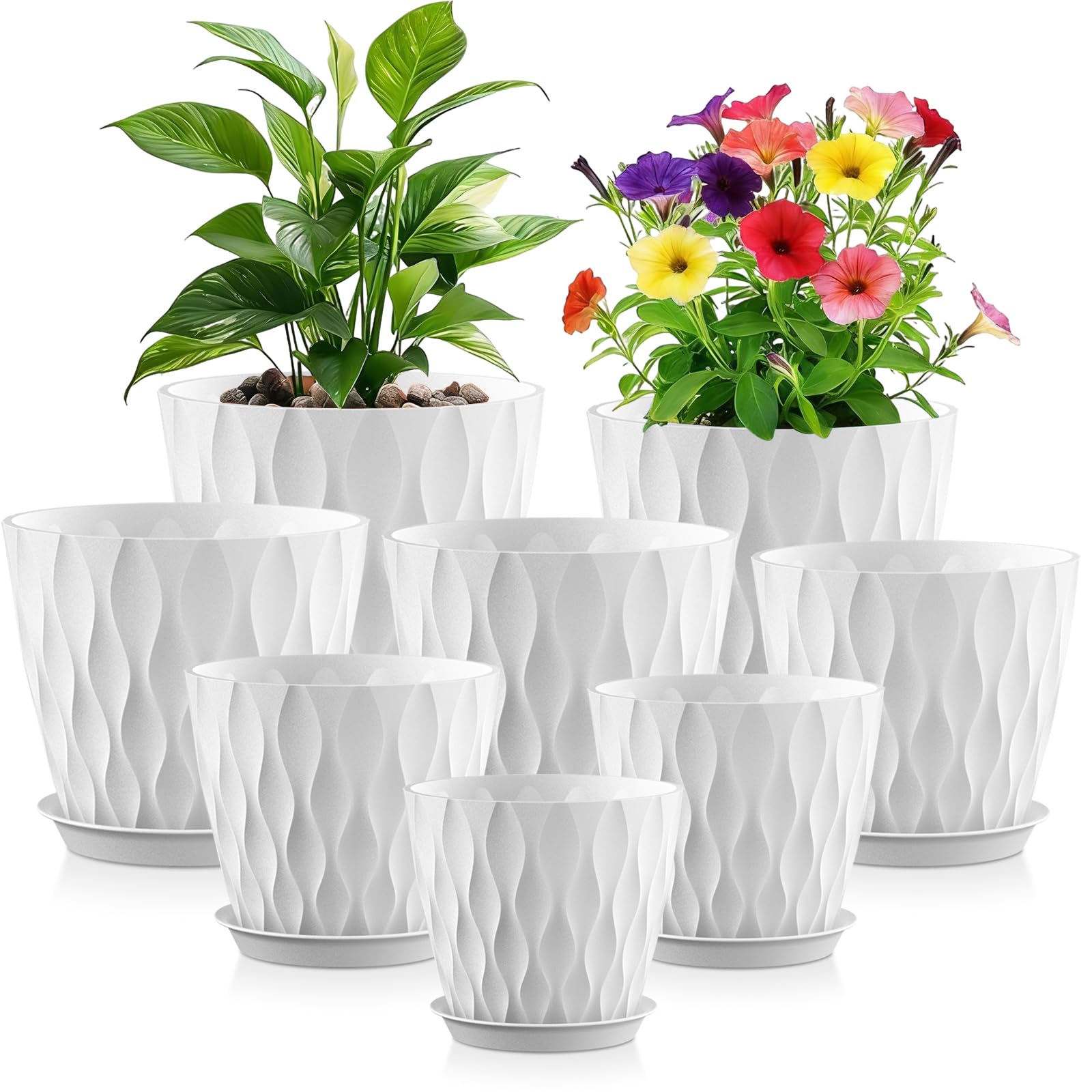 WSMKSZ 8 Pack Plant Pots Indoor, 20/17.6/16.3/15/13.8/12.7/11.2/10.2 cm Thick Plastic Flower Pots with Drainage Holes & Saucers, 3D Modern Wave Texture Decorative Planter Pots for House Plants, White