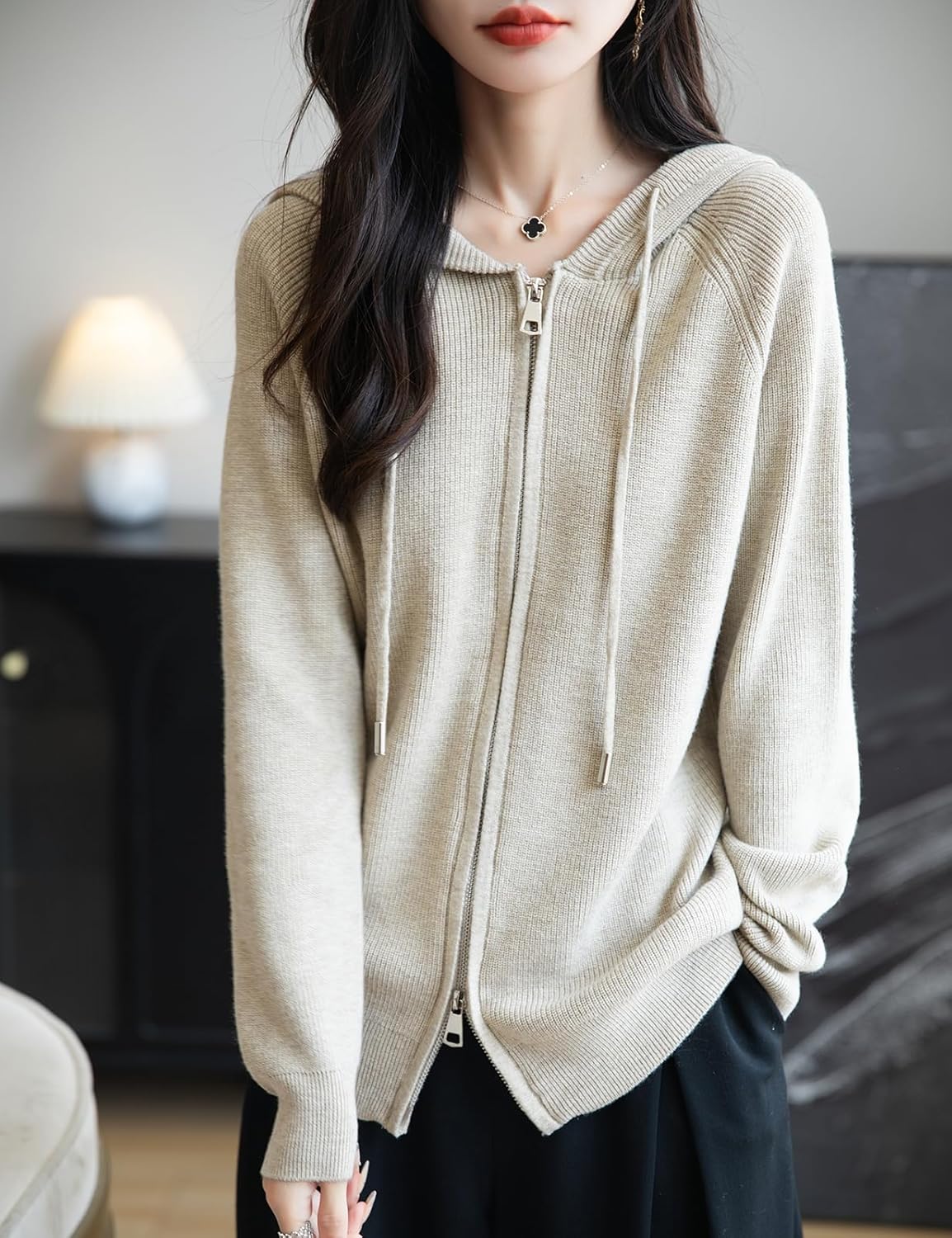 Women's Merino Wool Blend Cardigan 2025 Fall Winter Casual Zipper Sweatshirt Long Sleeve Ribbed Knit Hooded Cardigan - Image 3