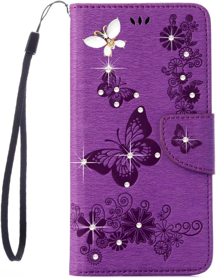 iPhone 6s Plus Wallet Case,iPhone 6 Plus Flip Case,ARSUE PU Leather Flip Folio Kickstand Butterfly Flower Wallet Case with Card Slots for iPhone 6 Plus/ 6s Plus 5.5 inch (Purple/Bling)