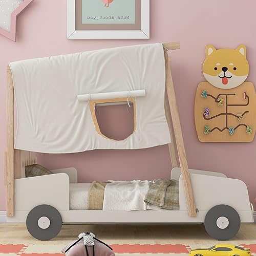 Miniatura 98 de P PURLOVE Cama de plataforma en forma de auto de carreras de tamaño individual con ruedas y listones, marco de cama de madera para niños, niñas,