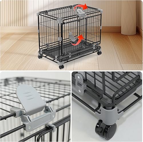 Miniatura 4 de Jaula de perro de 24 pulgadas para perros pequeños, perrera de doble puerta con bandejas extraíbles y ruedas con cerradura, jaula de metal a prueba