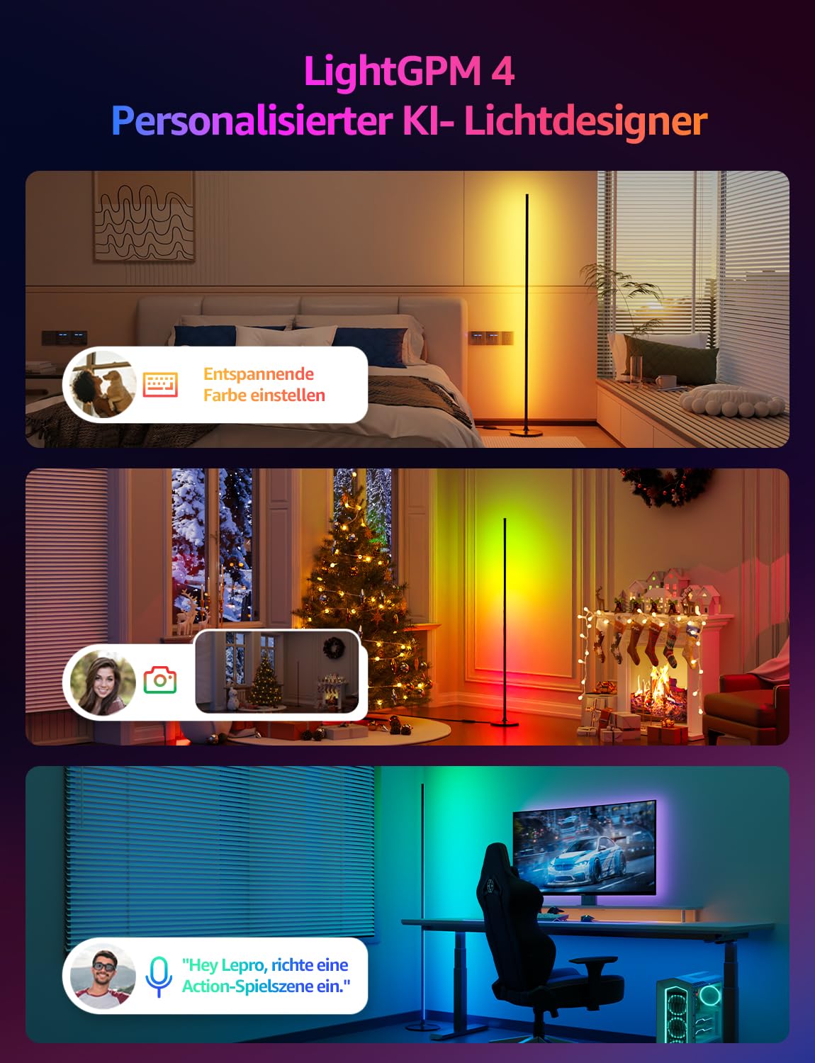Lepro AI Smart Stehlampe Wohnzimmer OE1, Kompatibel mit Alexa/Google | Stehlampe Dimmbar (140CM), Sprachsteuerung/Musik Sync/DIY, Personalisierter KI-Lichtdesigner, 16 Millionen Farben