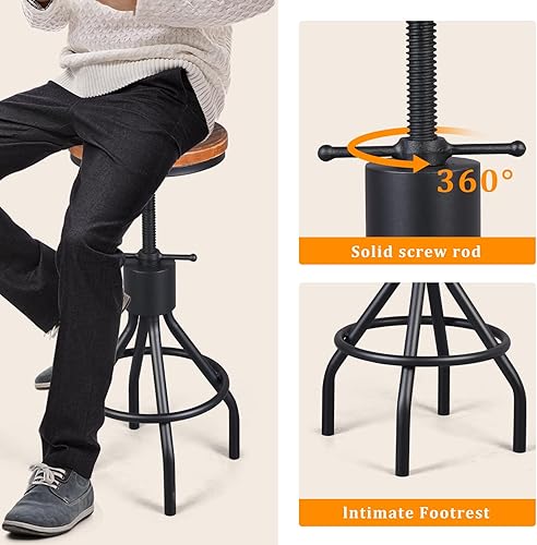 Miniatura 7 de Diwhy Taburete de bar industrial vintage con altura ajustable, taburete de cocina estilo francés de granja, silla giratoria, madera maciza Chiar,
