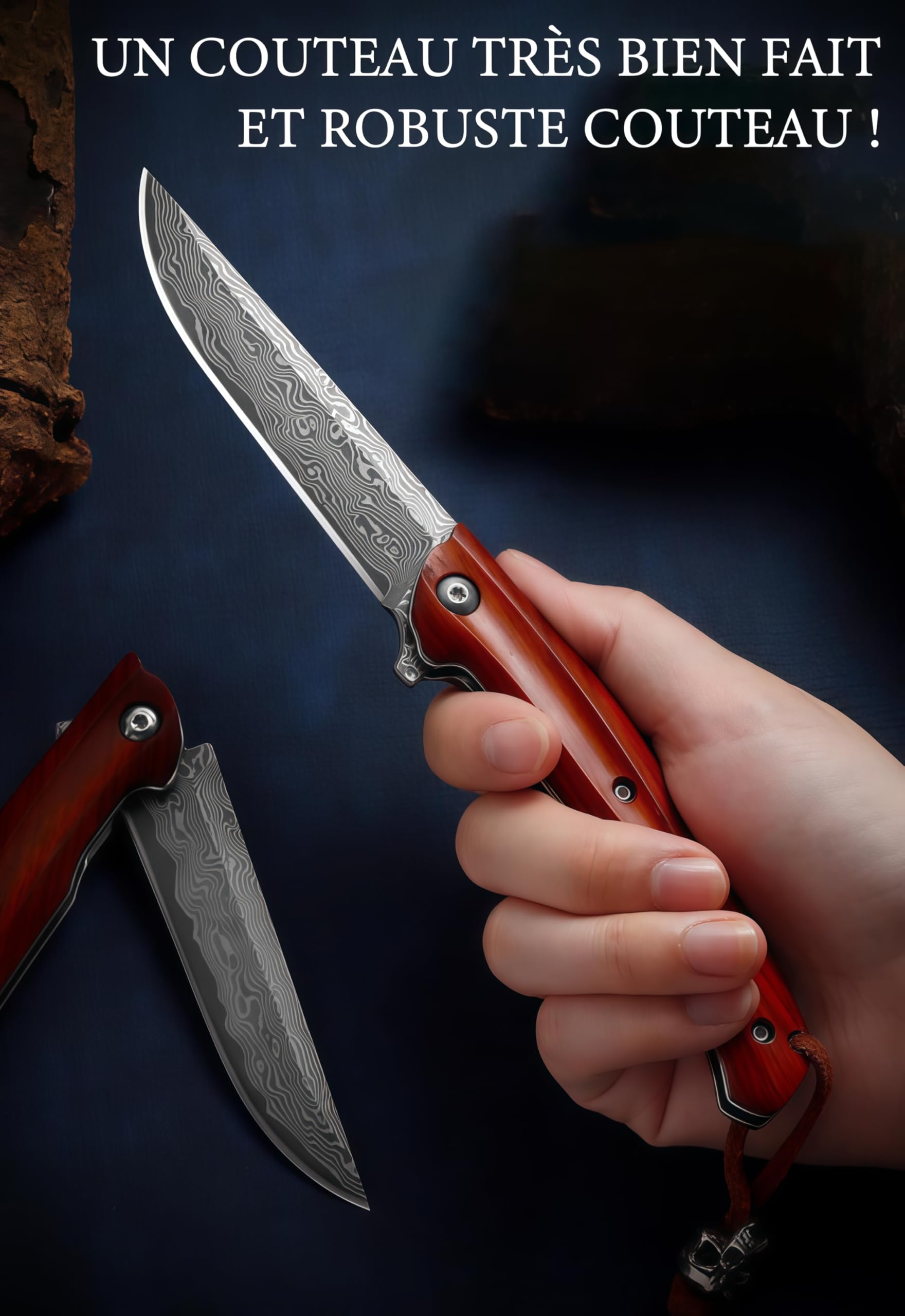 Omesio couteau pliant de poche Damas, incl. boîte cadeau noire, japonais Haute qualité & fait main, manche bois