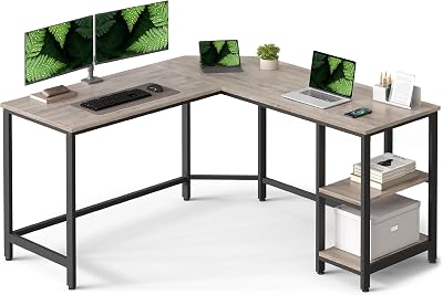 VASAGLE Scrivania per Computer a Forma di L, 138 x 138 x 76 cm, Scrivania ad Angolo con 2 Ripiani, per Ufficio Studio, Greige e Nero LWD72MB