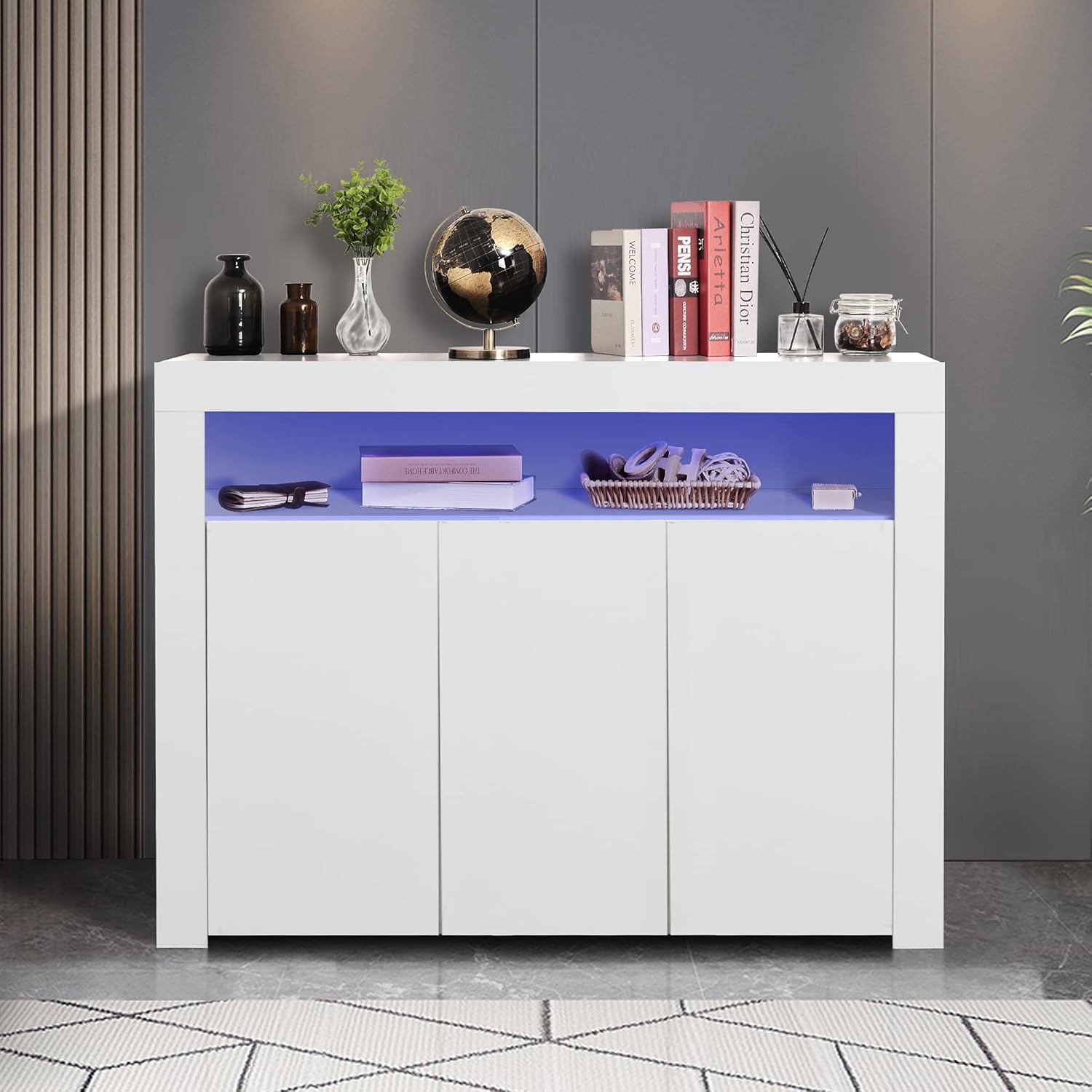 Storage Buffet Cabinet Buffet, Sideboard Cupboard High Gloss with LED Light with Shelves and Door for Entryway,Hallway, Kitchen,Home Office,Home bar (White, Three Doors)